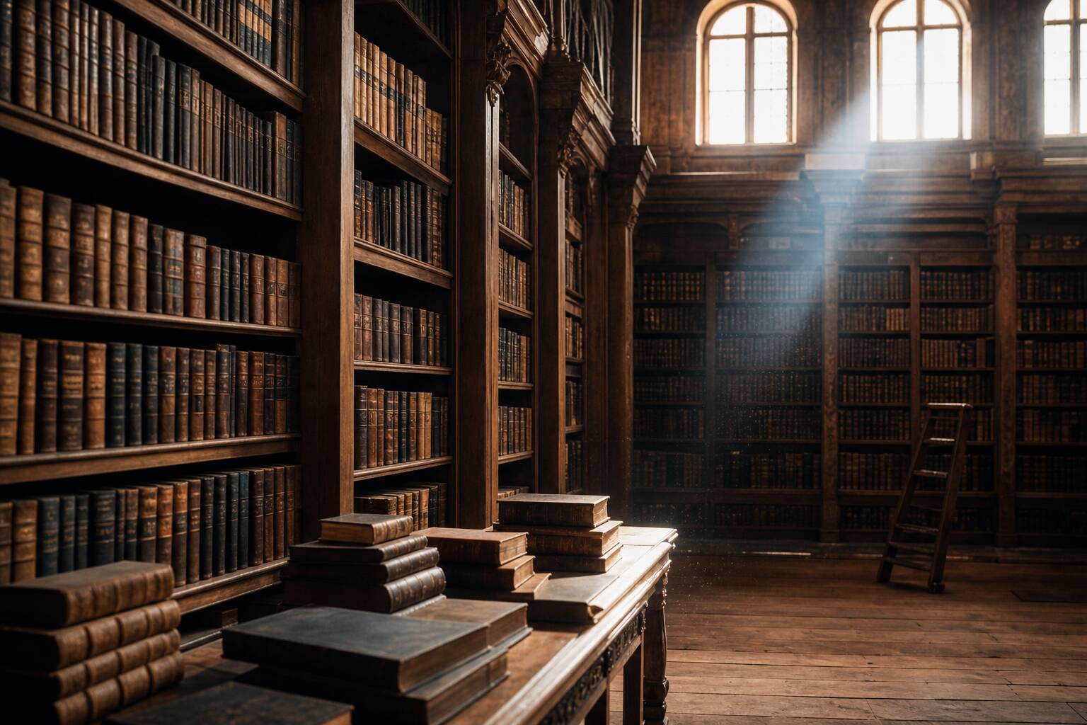Bibliothèque ancienne avec rangées de livres atmosphère calme