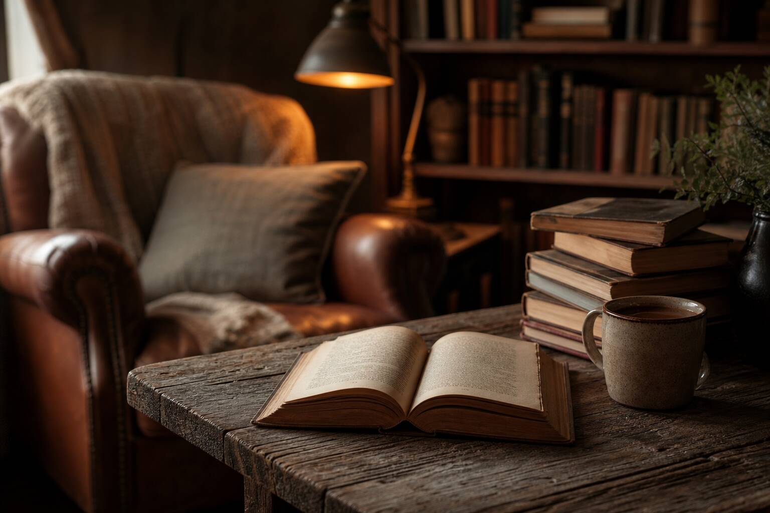 Livre ouvert et pile de livres ambiance lecture cosy