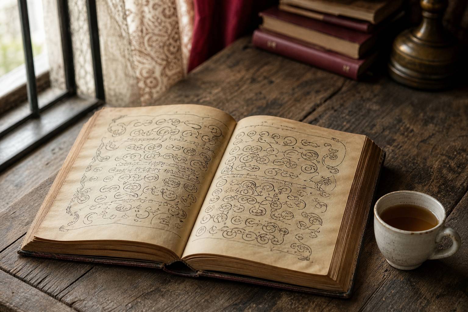 Textes tamouls anciens calligraphiés sur papier jauni livre ouvert