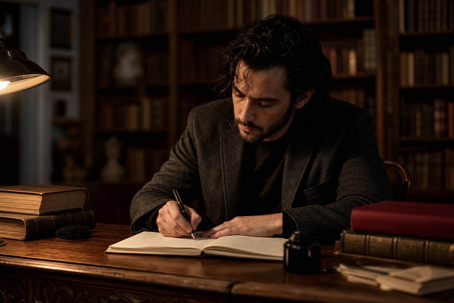 Écrivain tamoul à son bureau entouré de livres anciens et cahiers