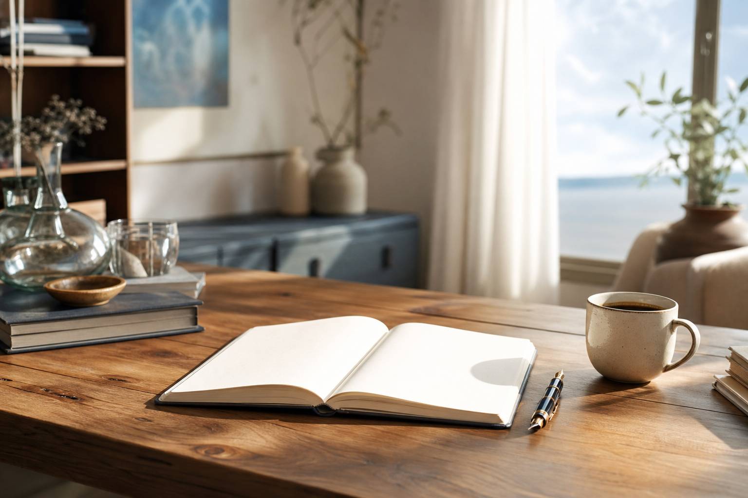 Bureau d'écrivain avec cahier et plume pour article littéraire