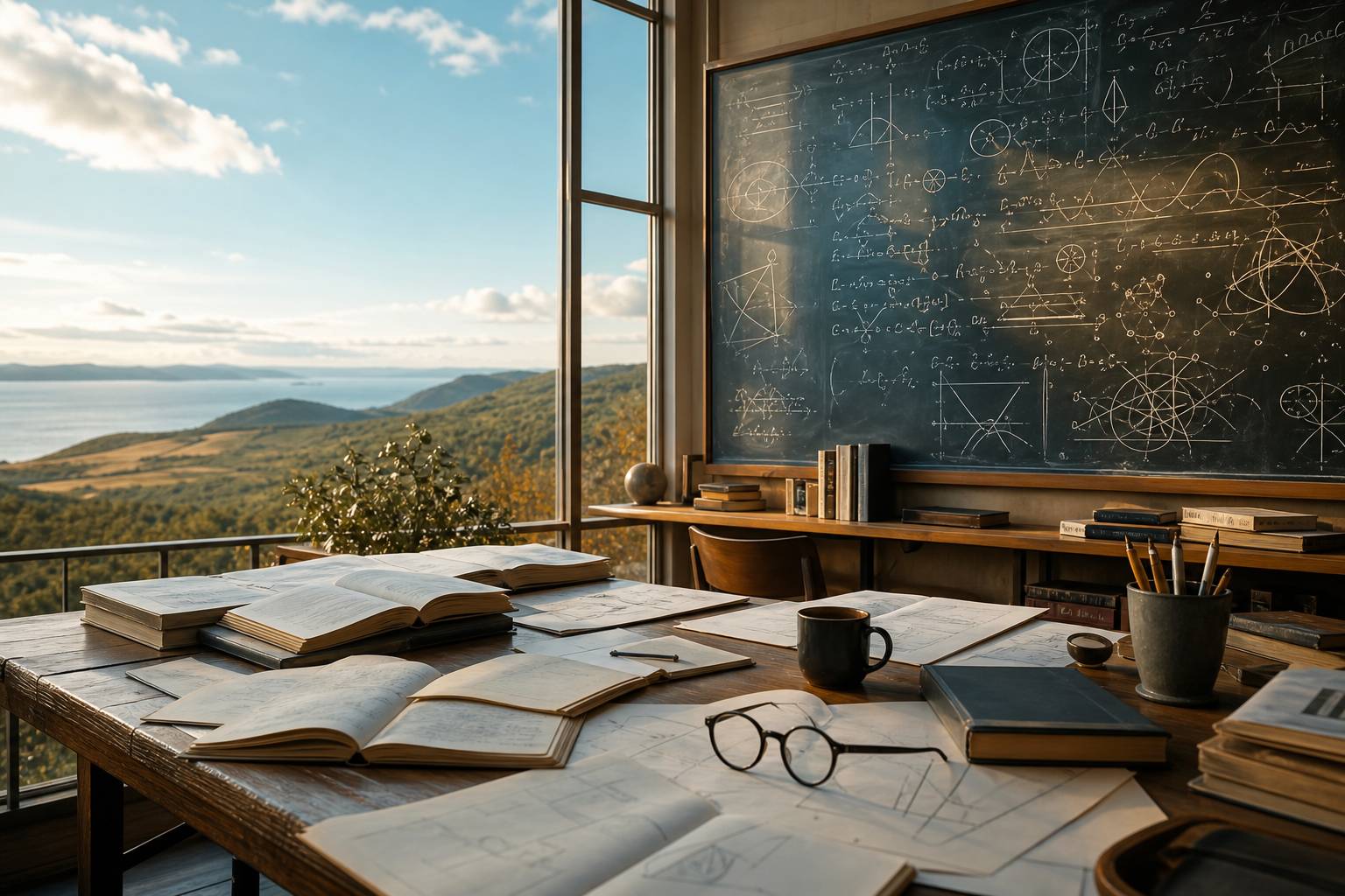 Bureau scientifique avec livres de physique et tableau équations