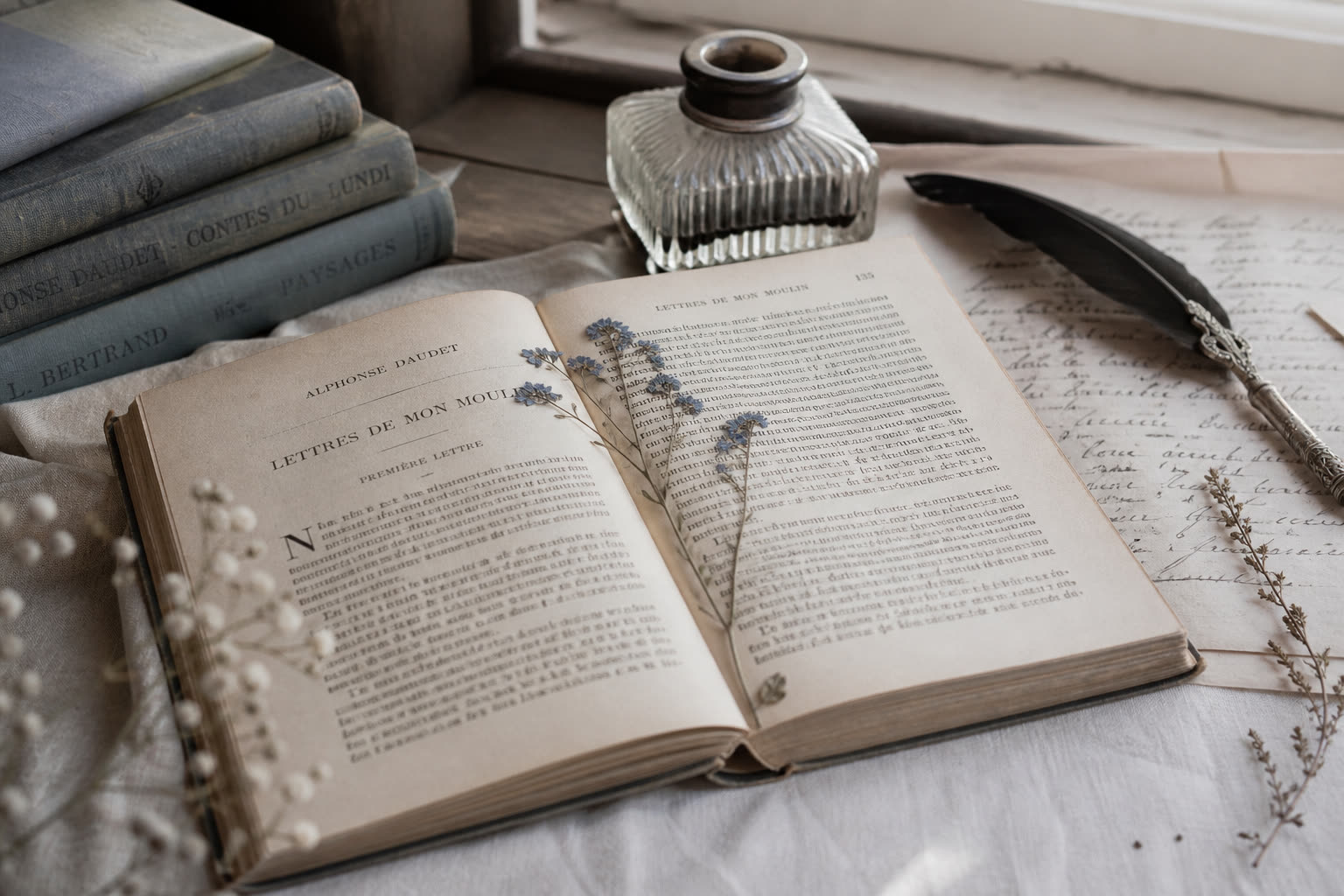 Livre ancien ouvert avec fleurs séchées, évocation de la littérature de George Sand