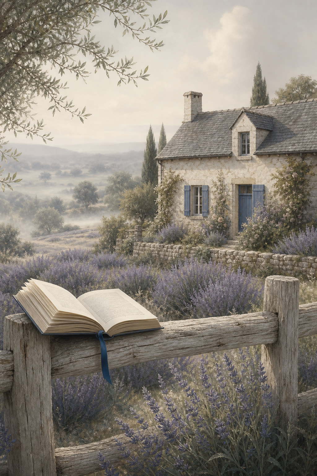 Paysage rural français, chaumière et champs de lavande, style George Sand