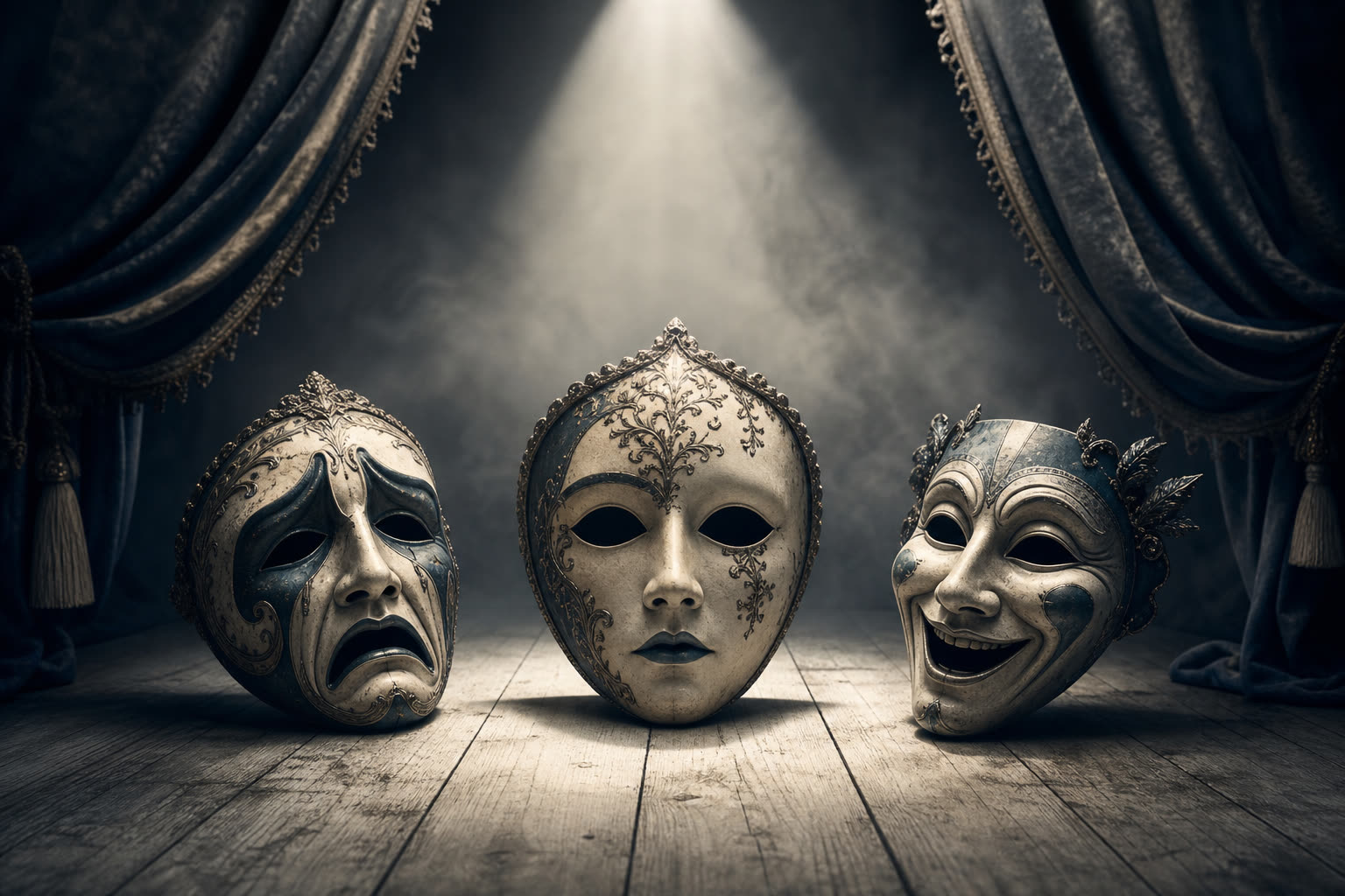 Masques de théâtre vintage évoquant l'œuvre dramatique d'Henrik Ibsen