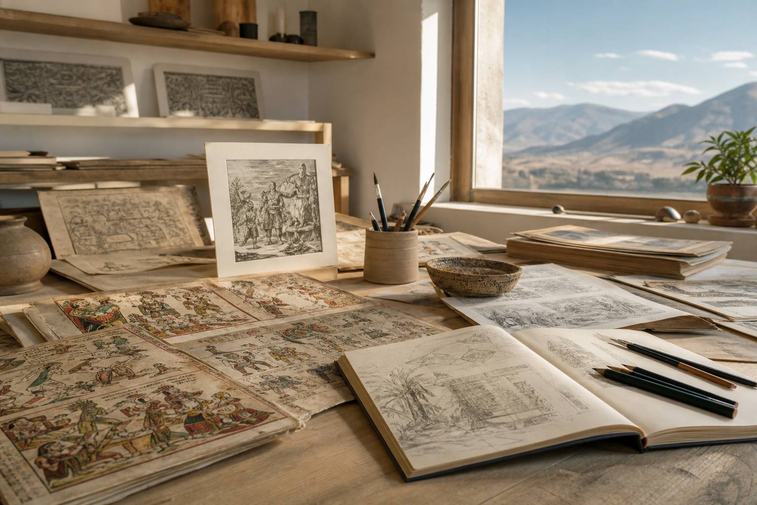 Carnet de croquis et codex anciens disposes sur table avec crayons et pinceaux d illustration