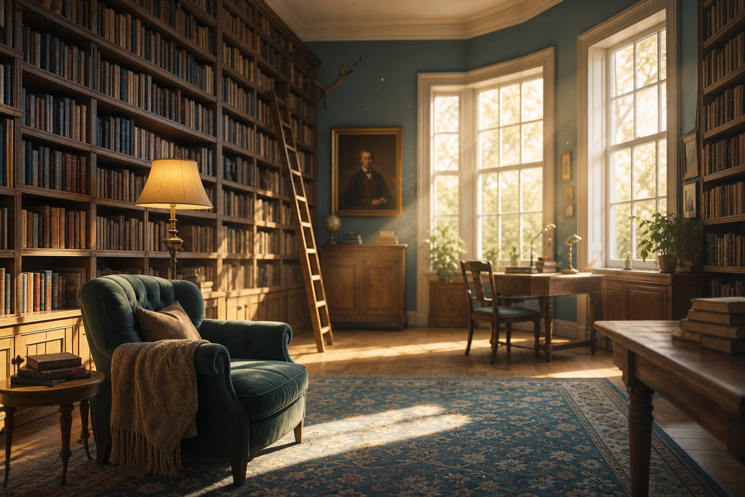 Bibliotheque cosy avec etageres remplies de livres