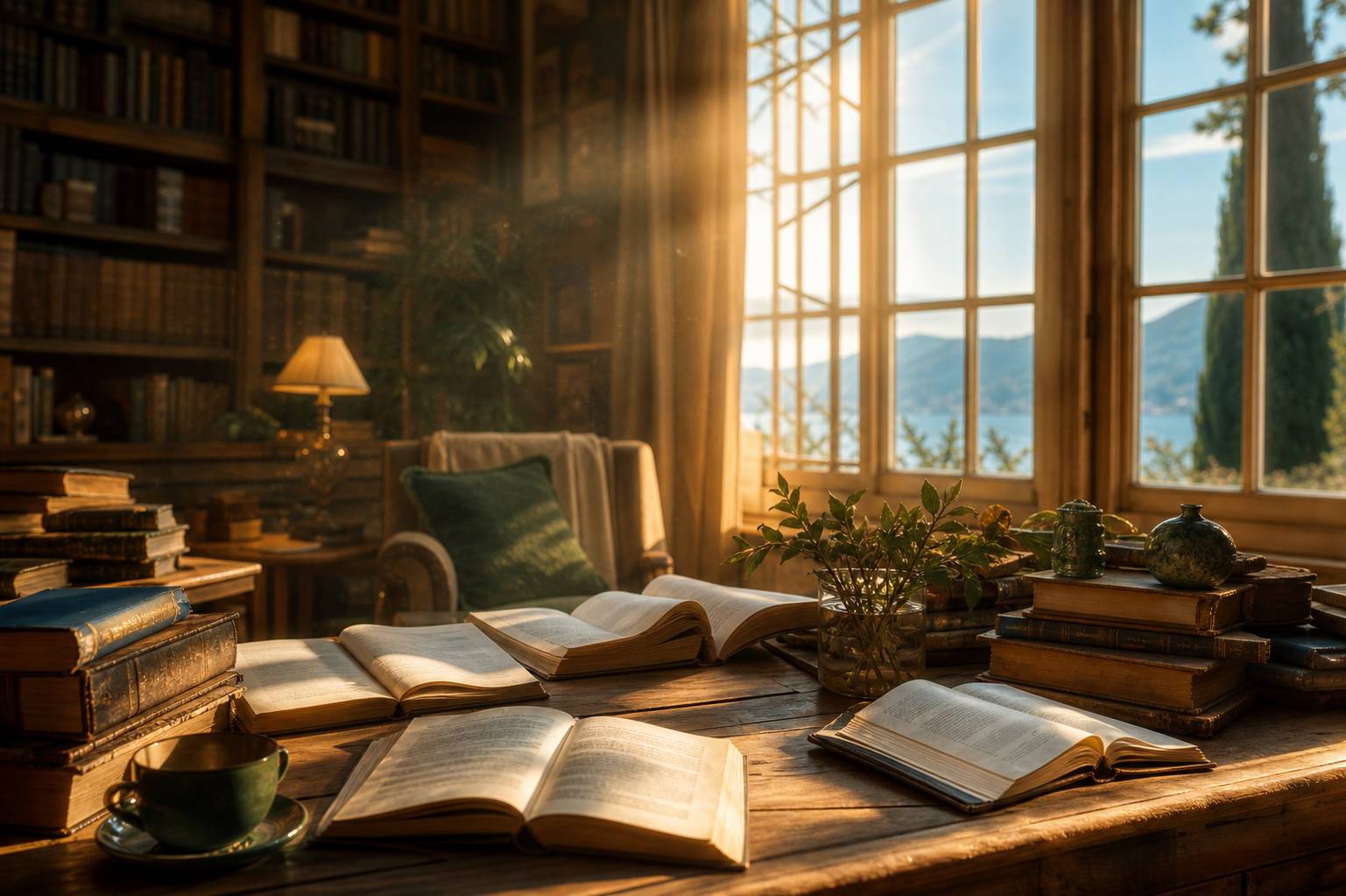 Coin bibliothèque cosy avec livres anciens sur table en bois, lumière chaude traversant une fenêtre