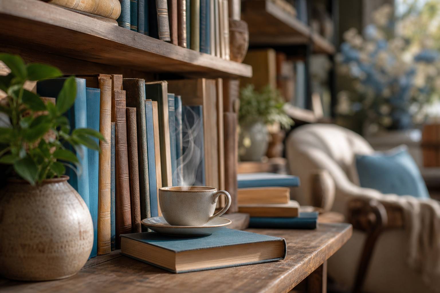Étagère de bibliothèque avec livres et tasse de thé dans une ambiance cosy
