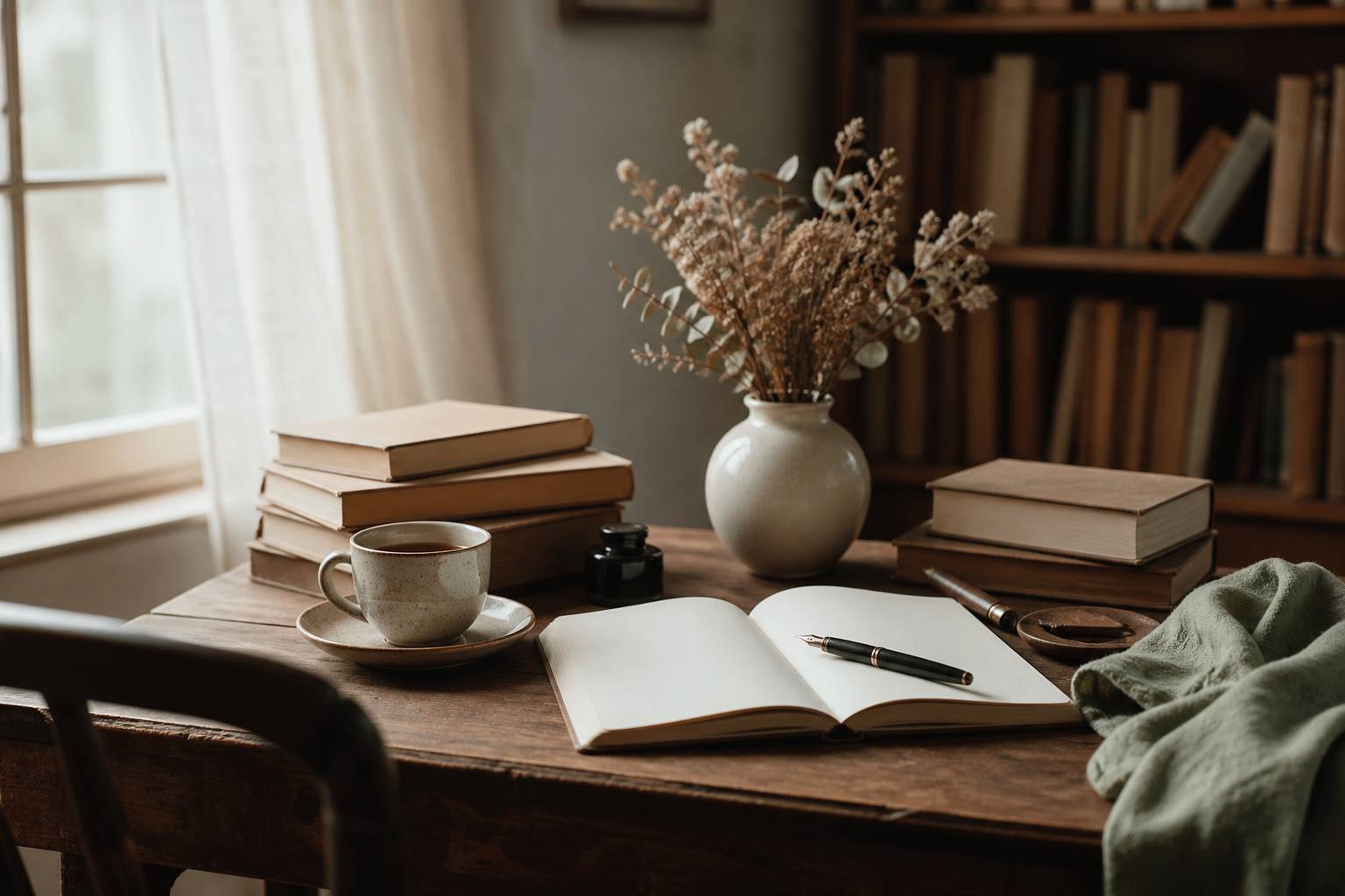 Bureau d'écrivain avec cahier plume livres et fleurs séchées atmosphère studieuse