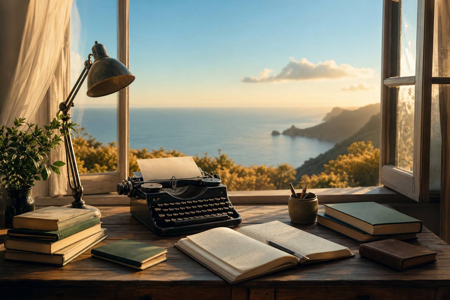 Bureau d écrivain avec machine à écrire ancienne livres empilés lampe et cahier manuscrit