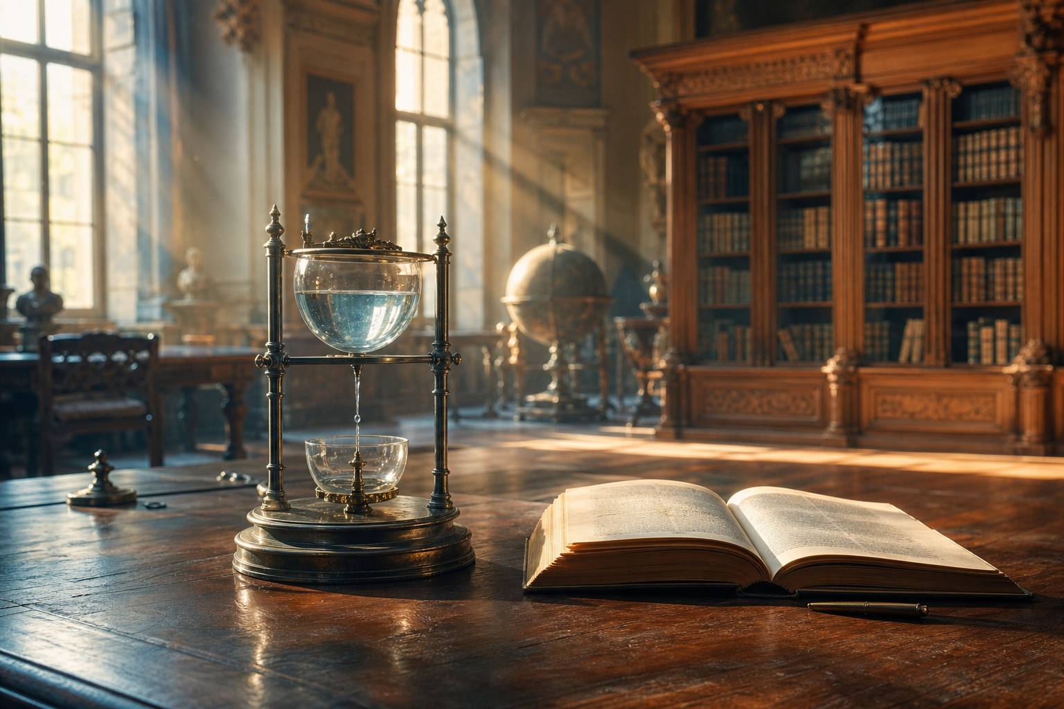 Clepsydre horloge a eau livre ancien cabinet lecture etude litteraire