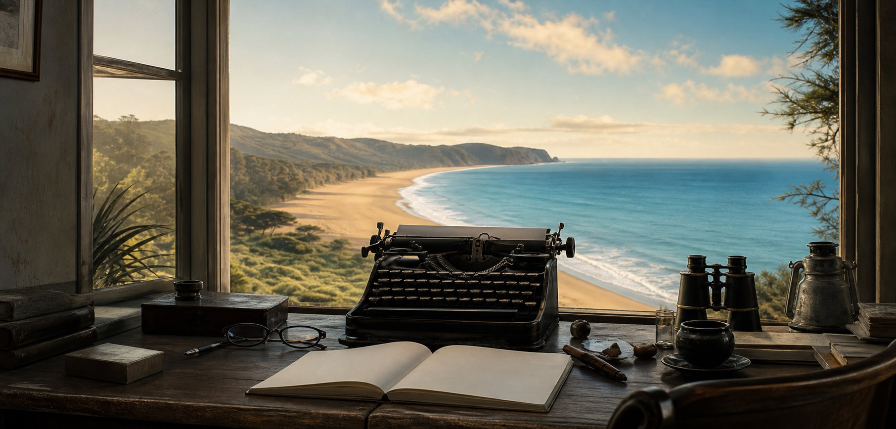 Bureau d'ecrivain ancien avec machine a ecrire et livres - ambiance Hemingway