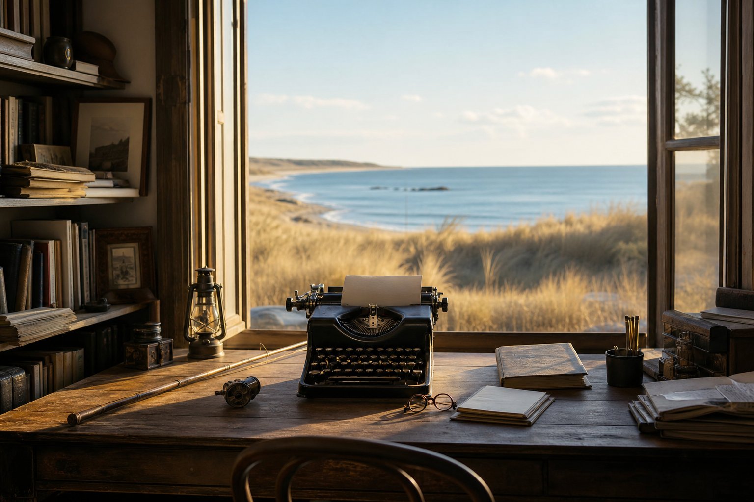 Livres et manuscrits poses sur un bureau en bois - litterature Hemingway