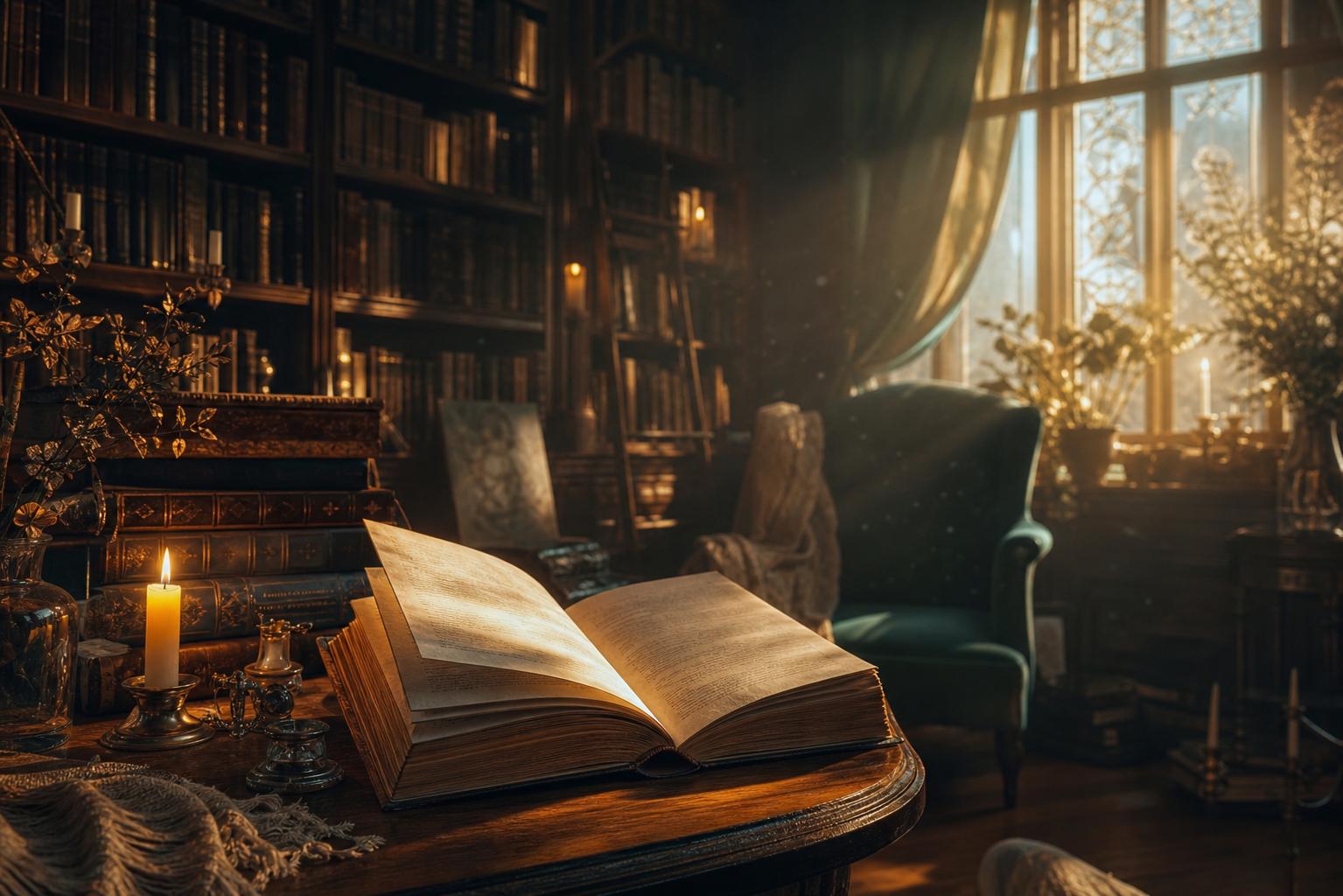 Bibliotheque cosy avec bougie et livre ouvert ambiance Fallen
