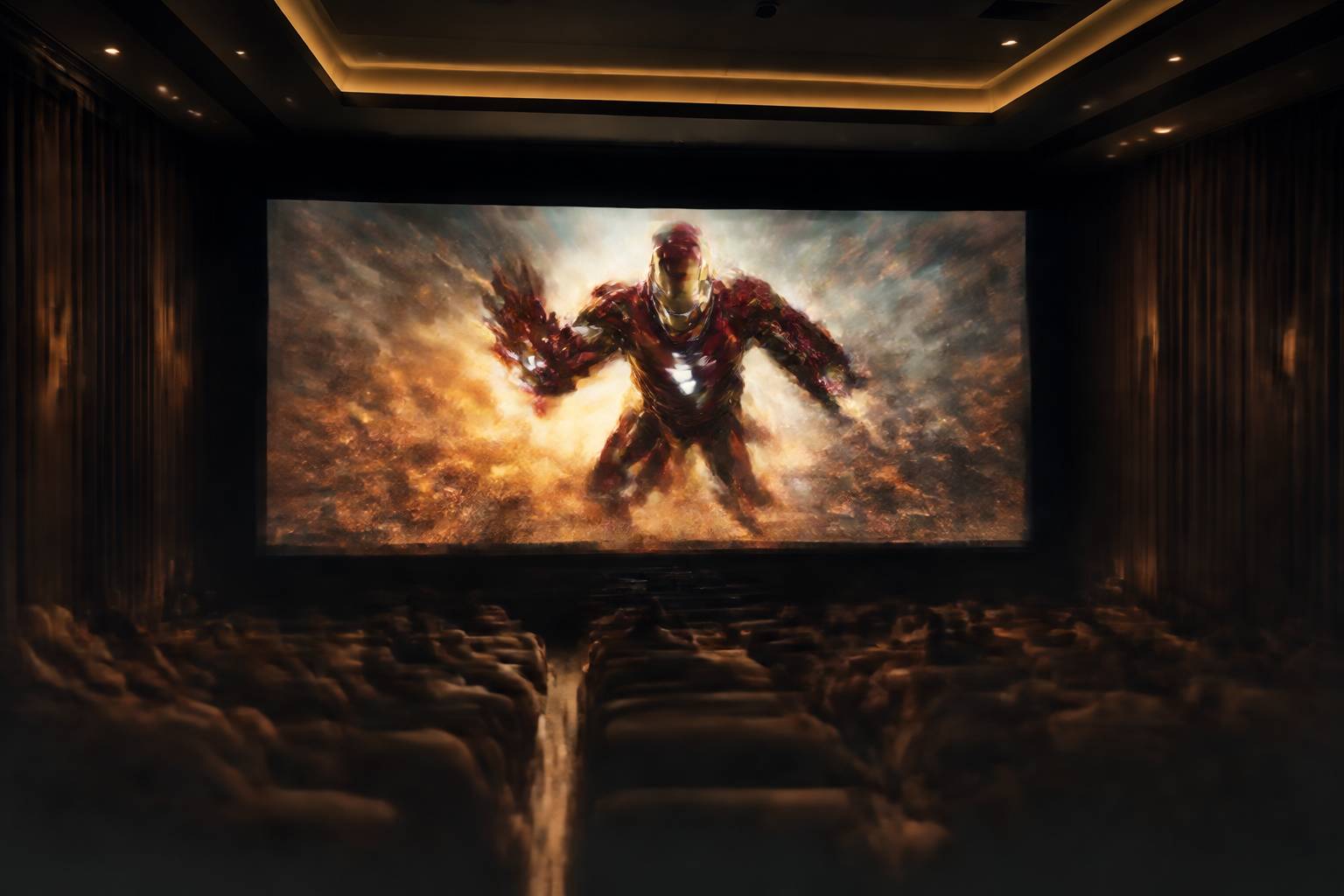 Écran de cinéma avec Iron Man en action dans une salle immersive