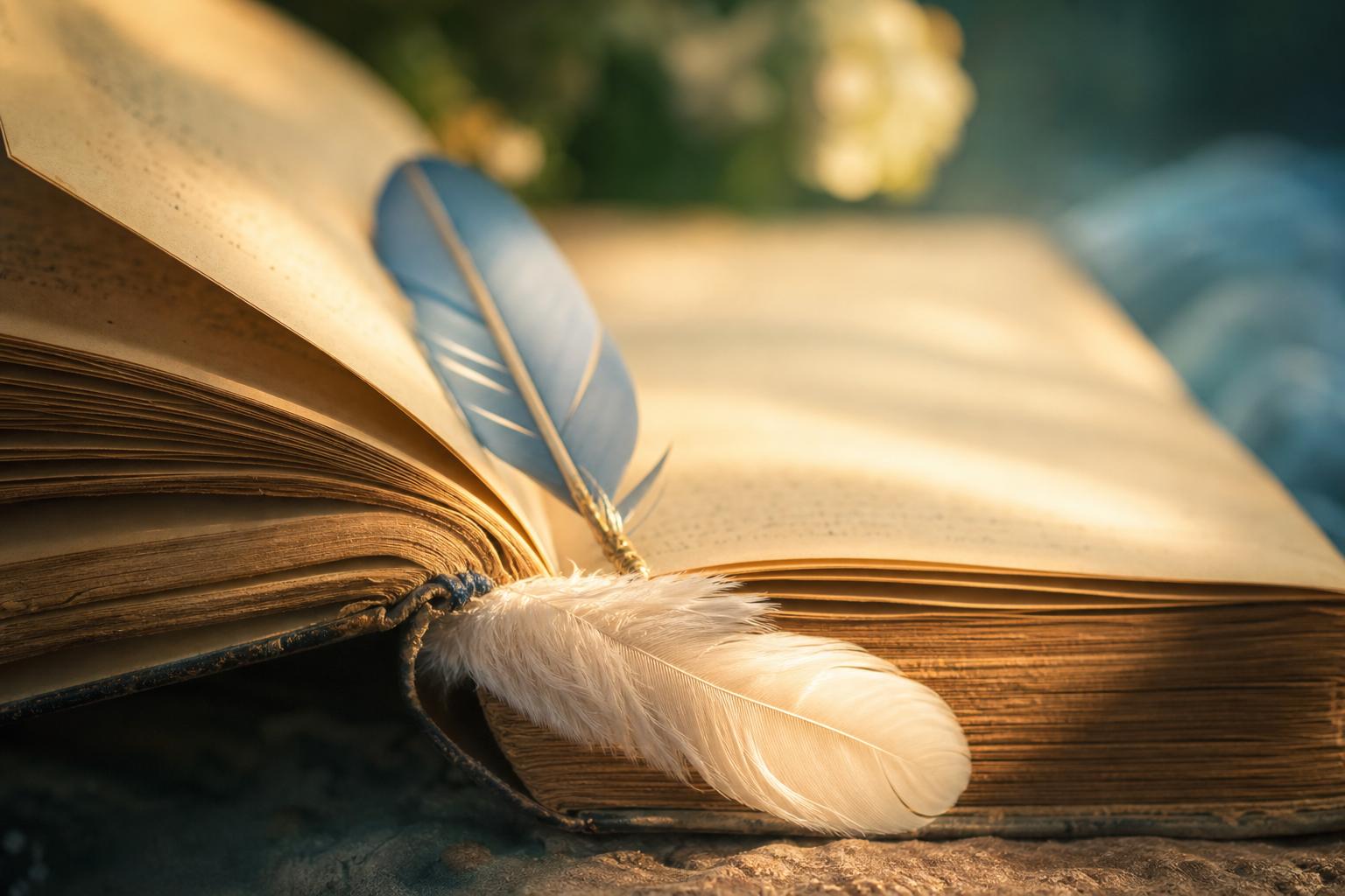 Pages livre ancien avec plume d'ange et marque-page