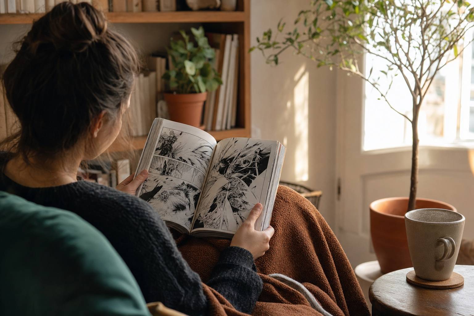 Pages de manga ouvertes montrant des scenes d'action, ambiance cosy de lecture