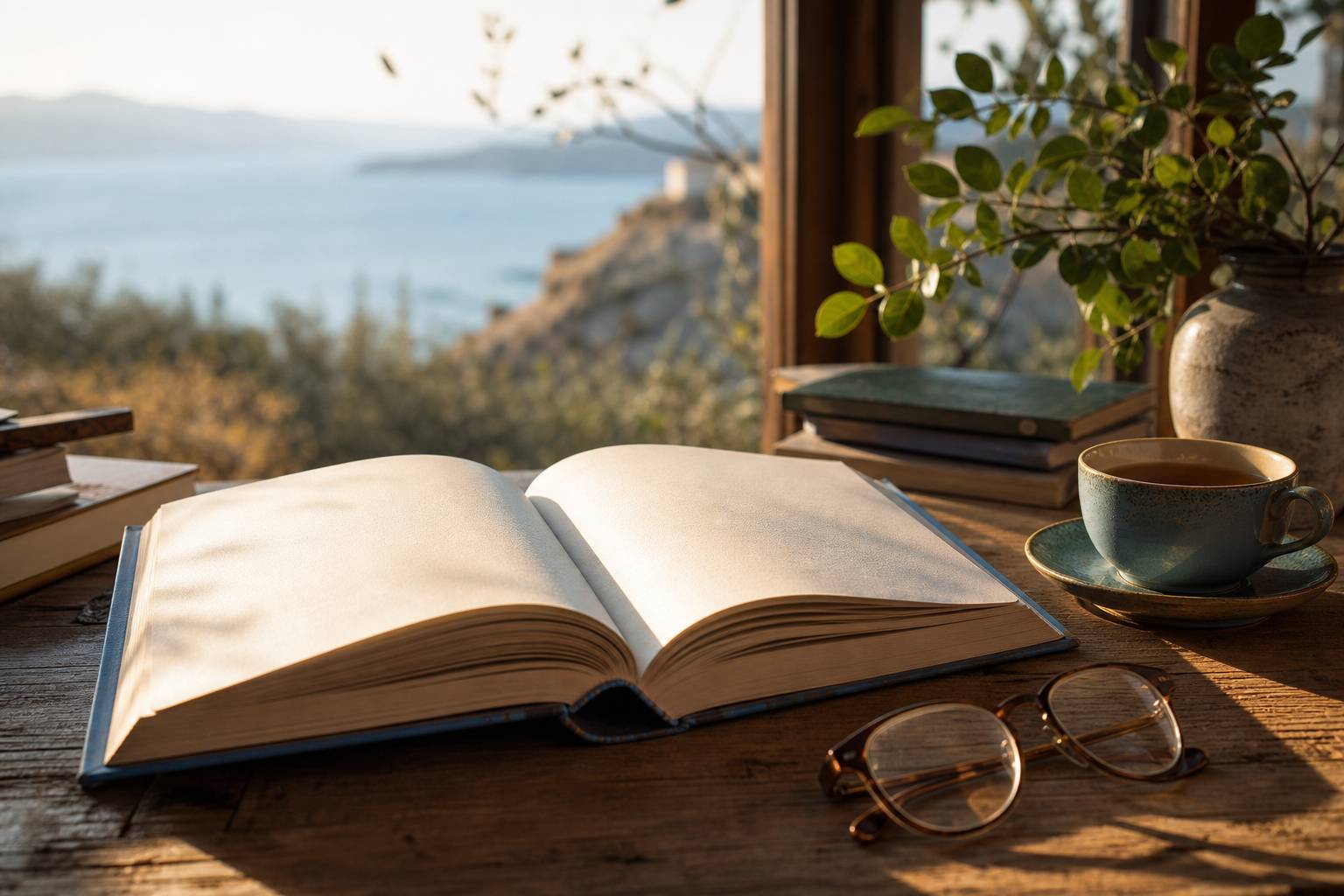 Livre ouvert sur bureau avec verres et the chaud