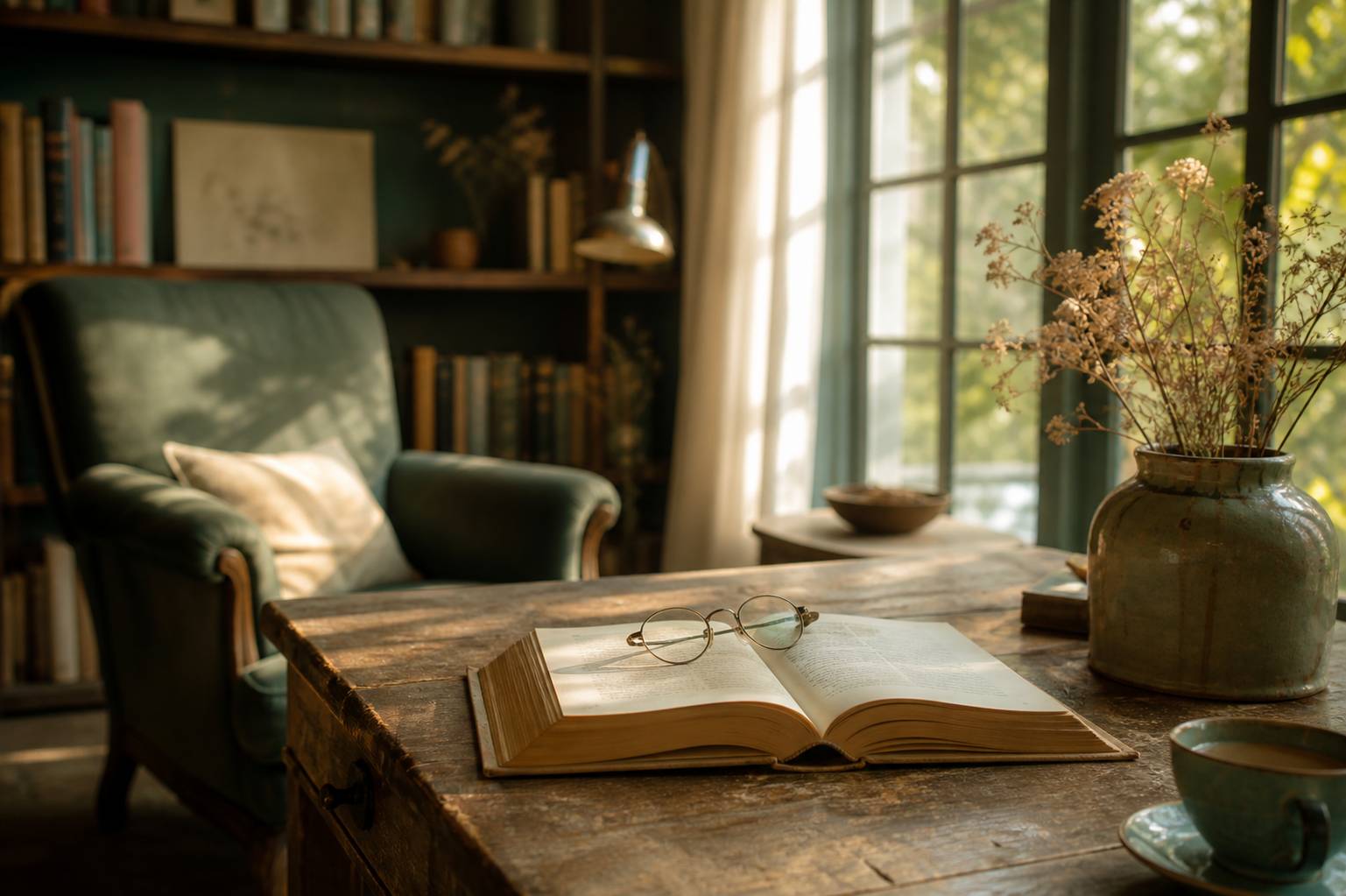 Livre ouvert sur un bureau avec lunettes, atmosphère littéraire chaleureuse