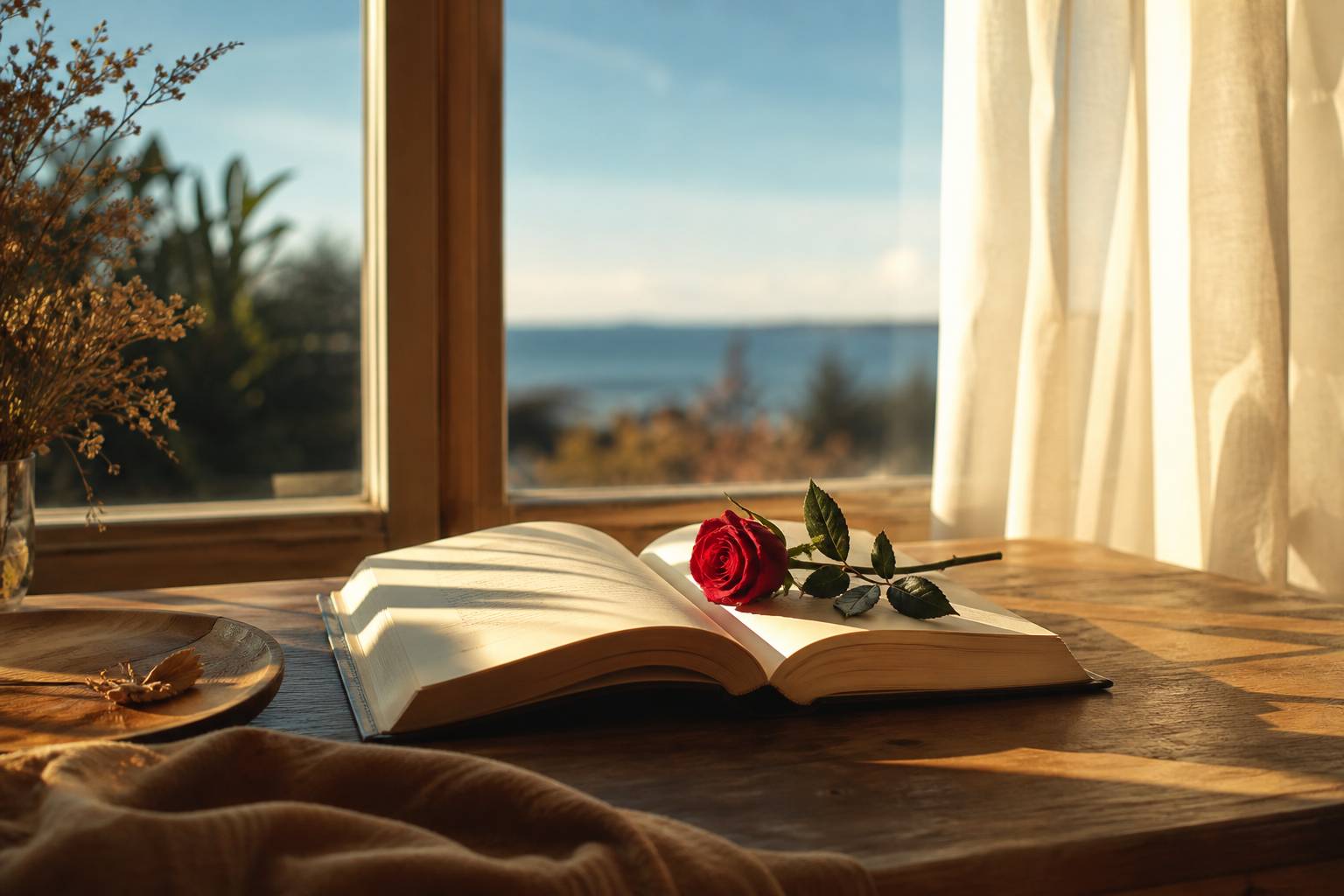 Livre ouvert de Stephen King Rose Madder sur une table avec une rose rouge près d'une fenêtre