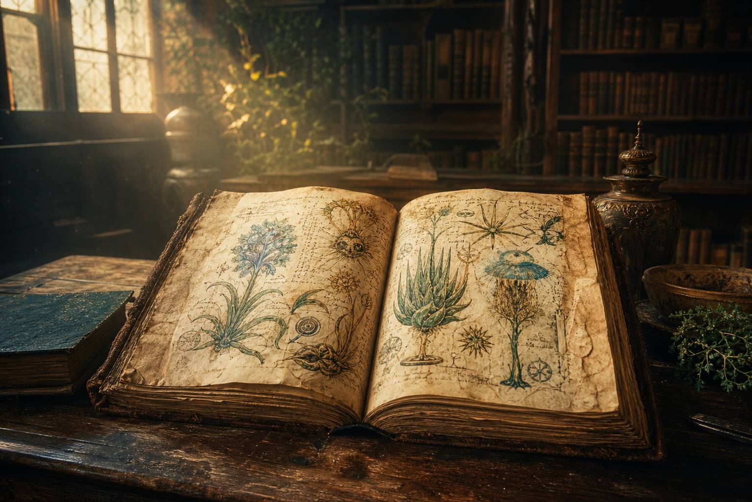 Ancien manuscrit médiéval ouvert montrant des illustrations botaniques étranges et écriture cryptique