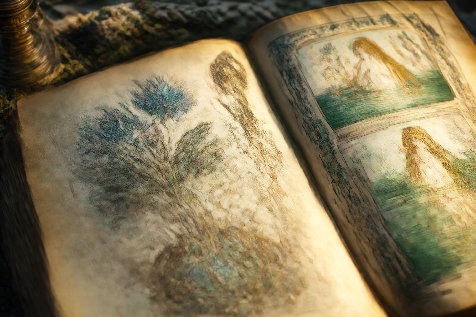 Pages du manuscrit de Voynich avec dessins de plantes chimériques et bains de nymphes