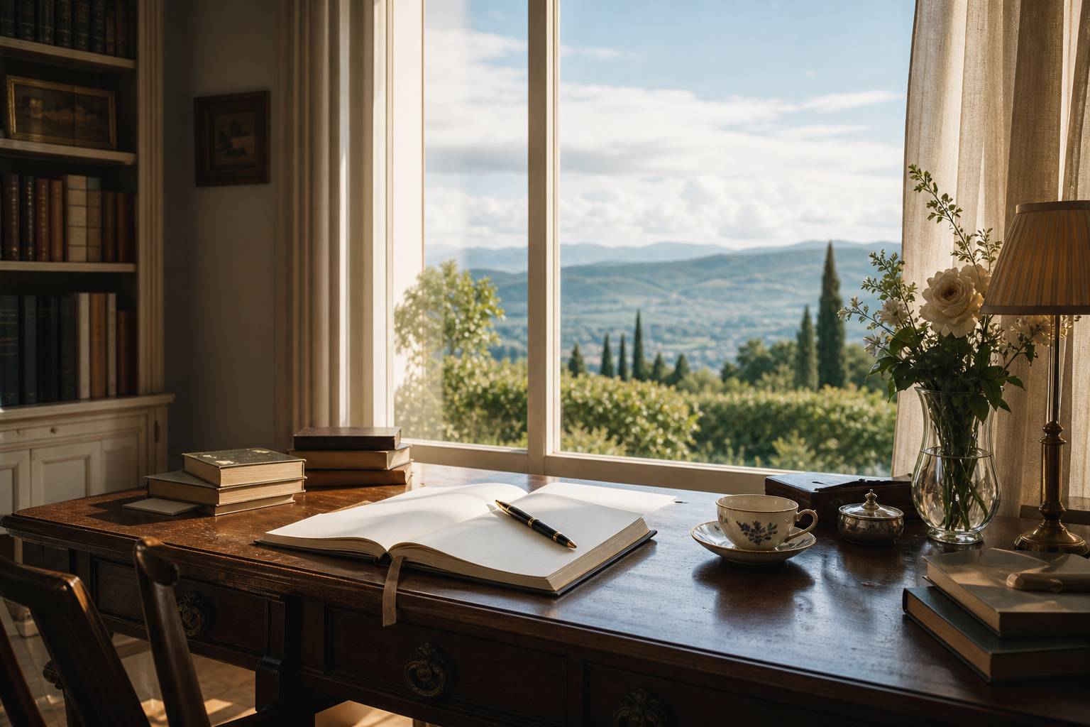 Bureau d'écrivain avec carnet, stylo plume et tasse de thé