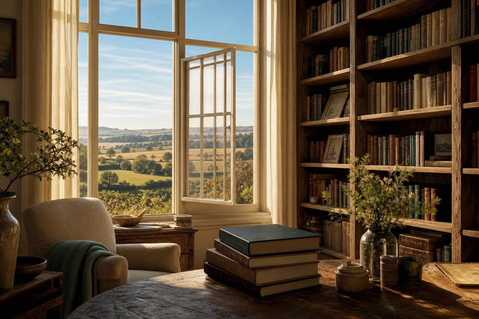 Bibliothèque intime avec livres de littérature britannique