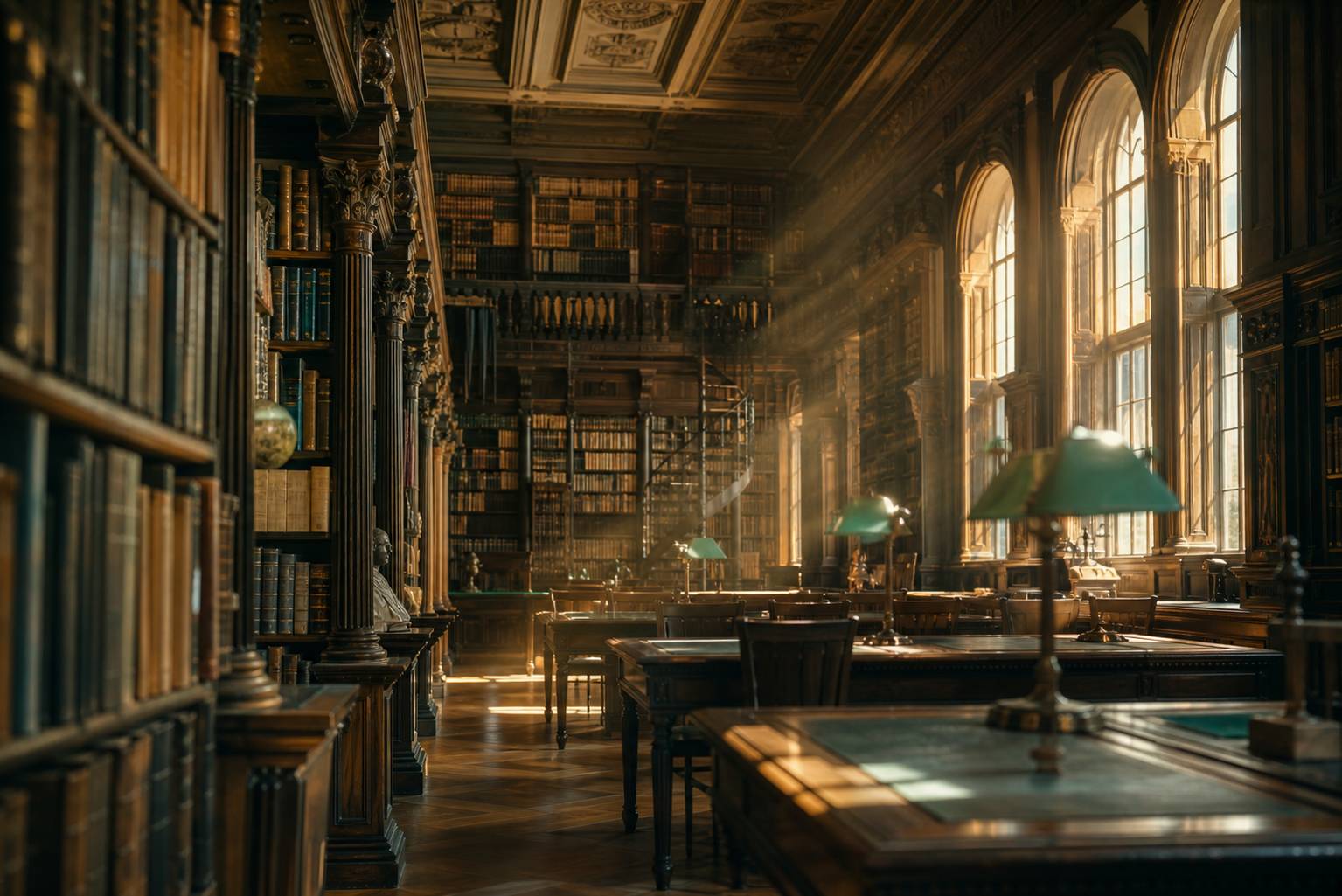 Bibliothèque ancienne avec livres reliés et manuscrits ambiance studieuse et intellectuelle