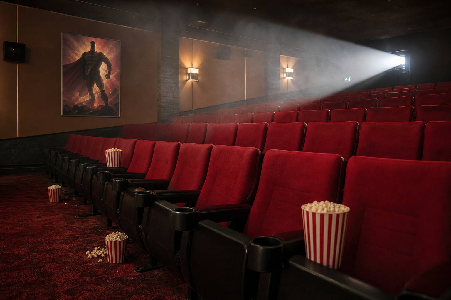 Salle de cinéma avec fauteuils rouges et projecteur diffusant un film