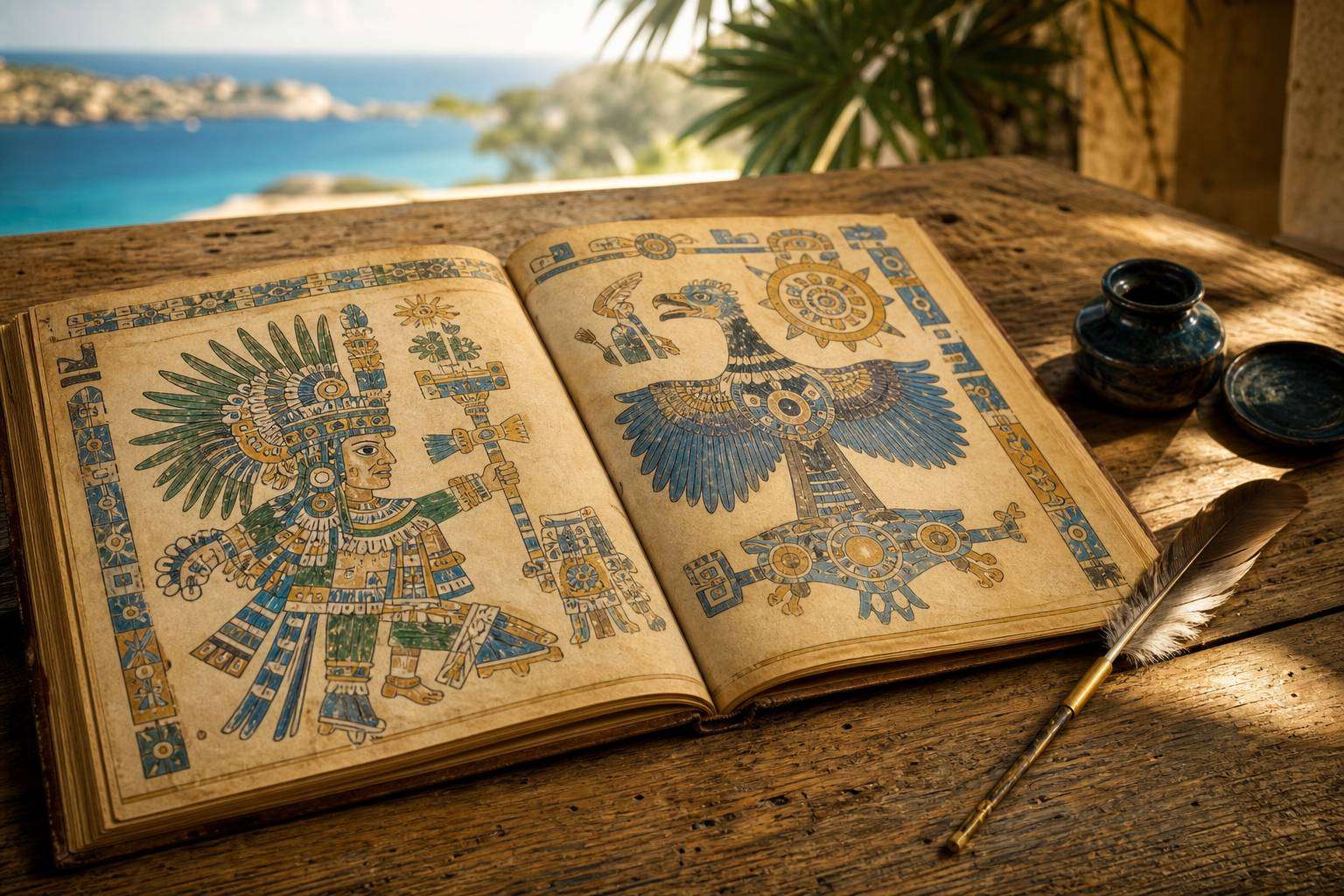 Bande dessinee Les Sentiers d'Anahuac ouverte avec illustrations style codex azteque sur table bois