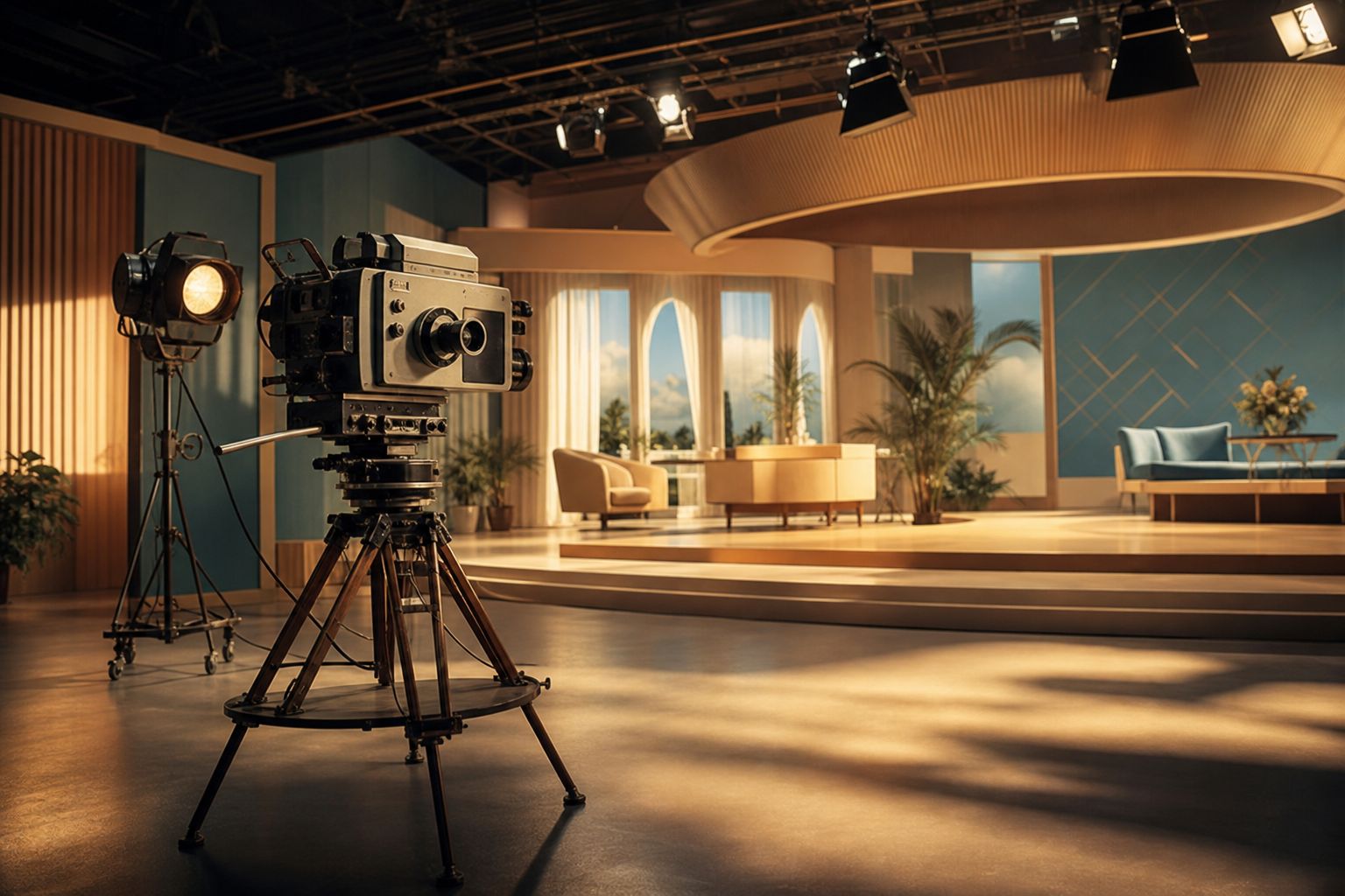Studio de television vintage avec camera retro projecteurs decor sobre annees 1960