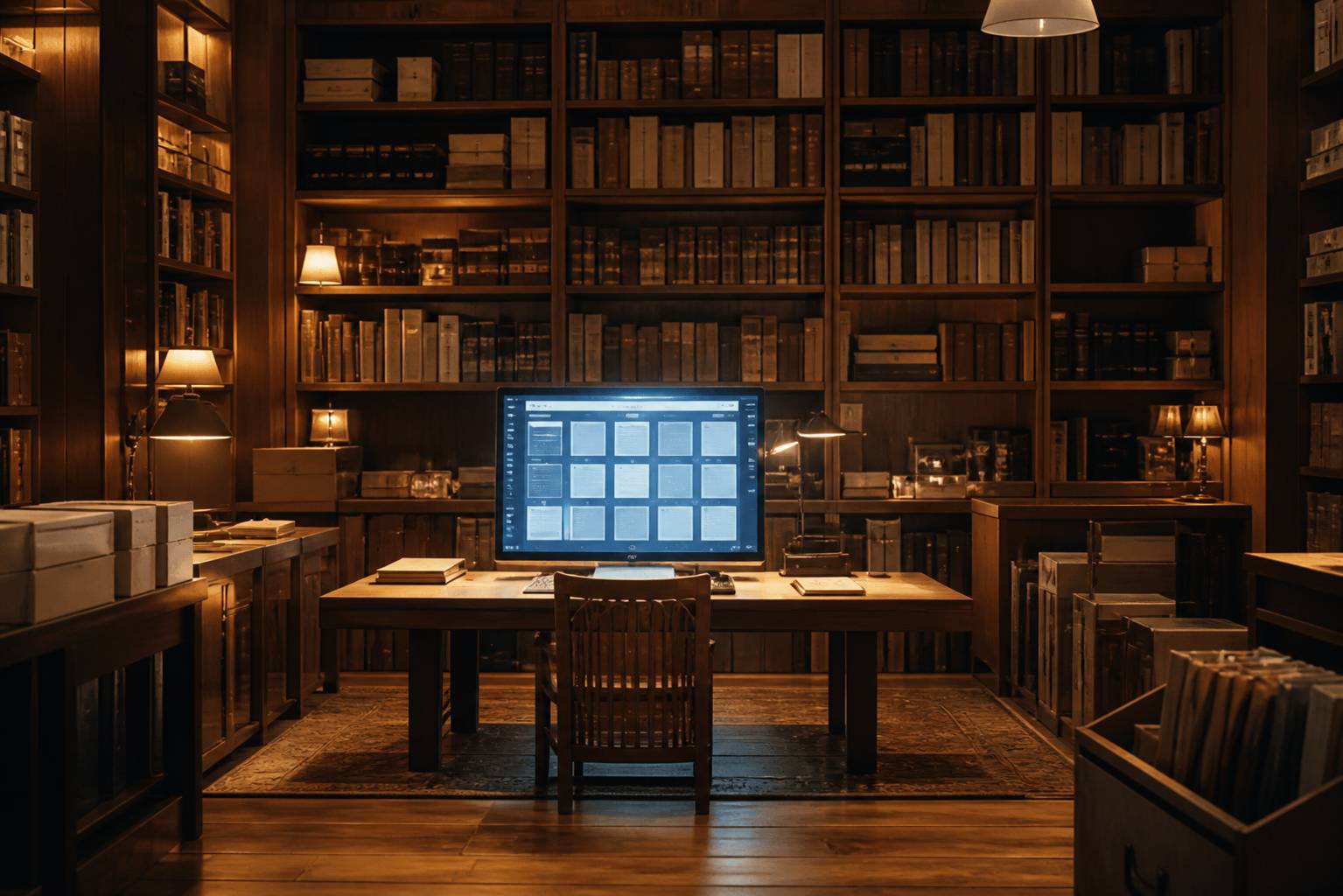 Bibliothèque chargée avec poste de consultation numérique
