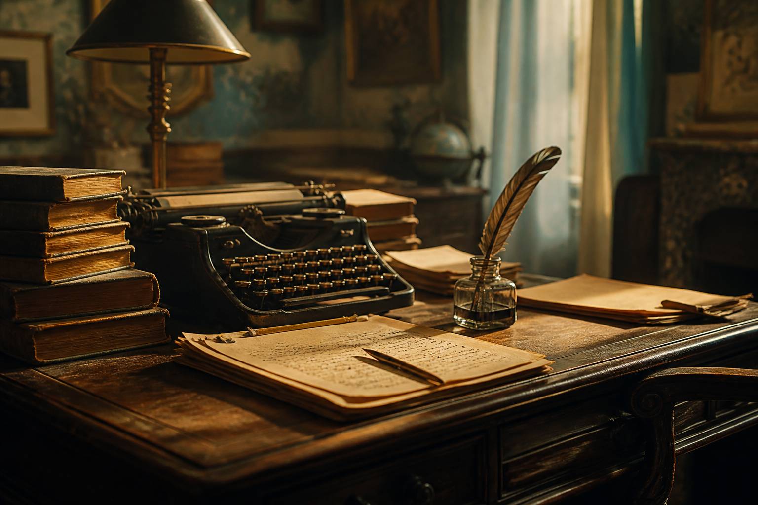 Bureau d'écrivain avec pile de livres, machine à écrire et plume dans une lumière chaude