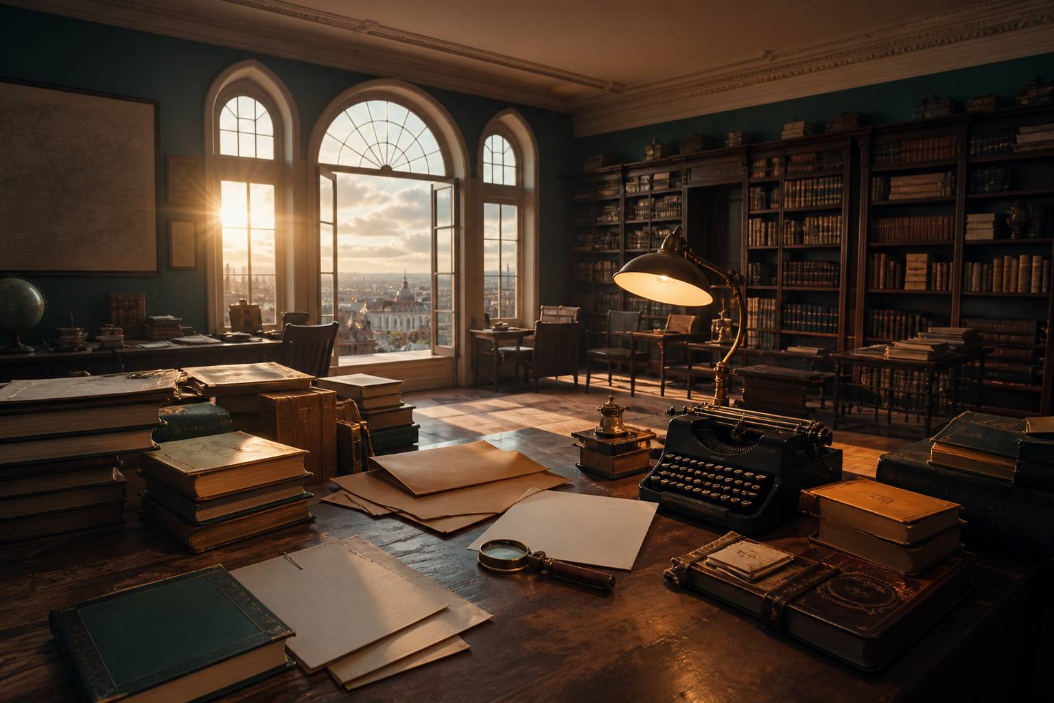 Bureau d'historien avec livres anciens, archives et machine à écrire