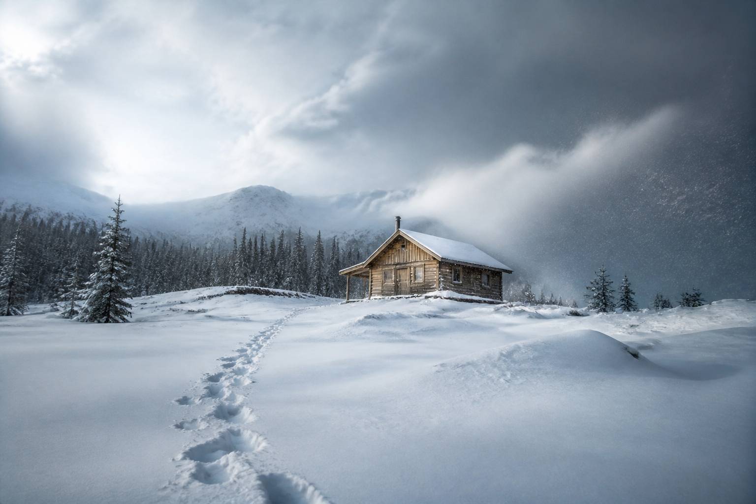 Cabane en bois isolée dans un paysage enneigé sous une tempête