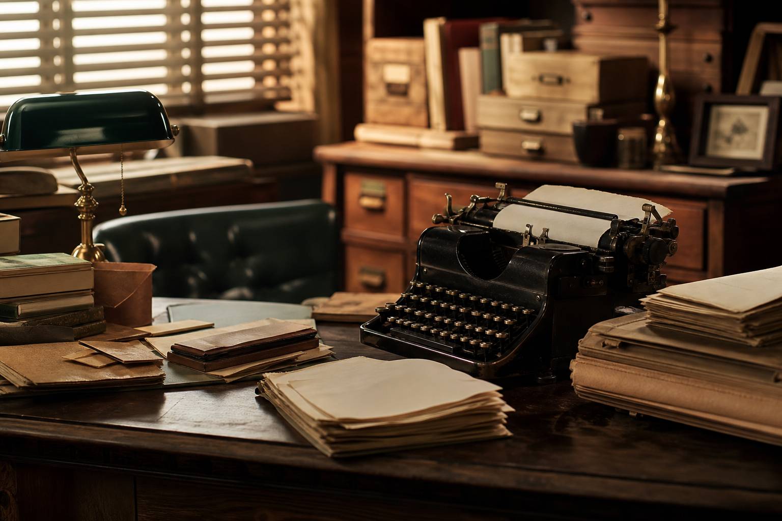 Bureau d'archives avec machine à écrire, courrier jauni et dossiers cartonnés, ambiance années 1930