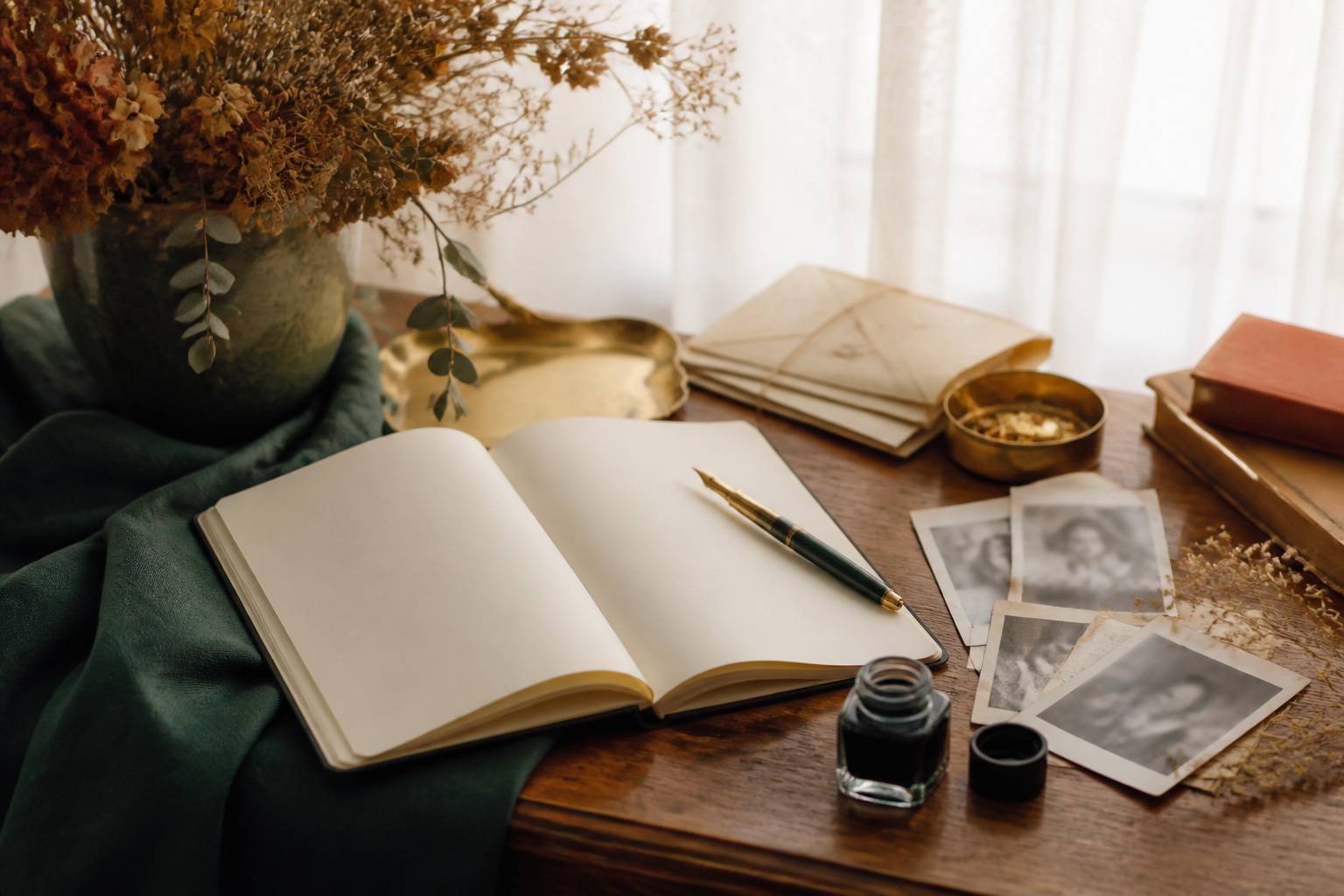 Bureau d'écriture avec carnet, encrier, enveloppes et vieilles photos de famille aux visages flous