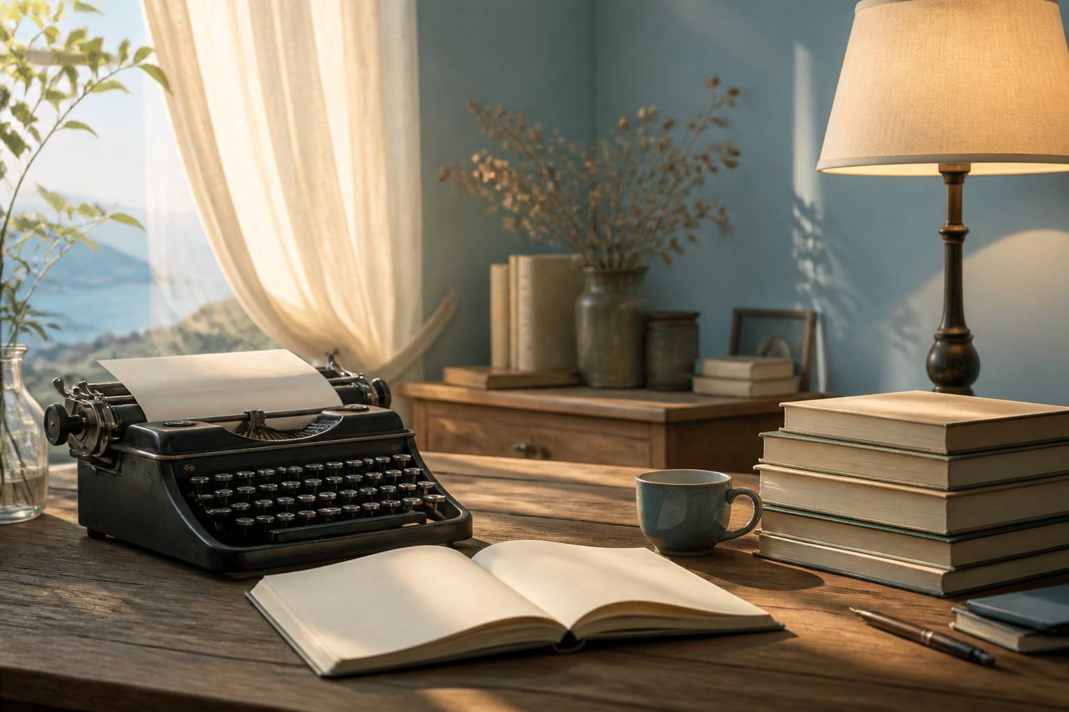 Bureau d'écrivain avec machine à écrire et pile de livres