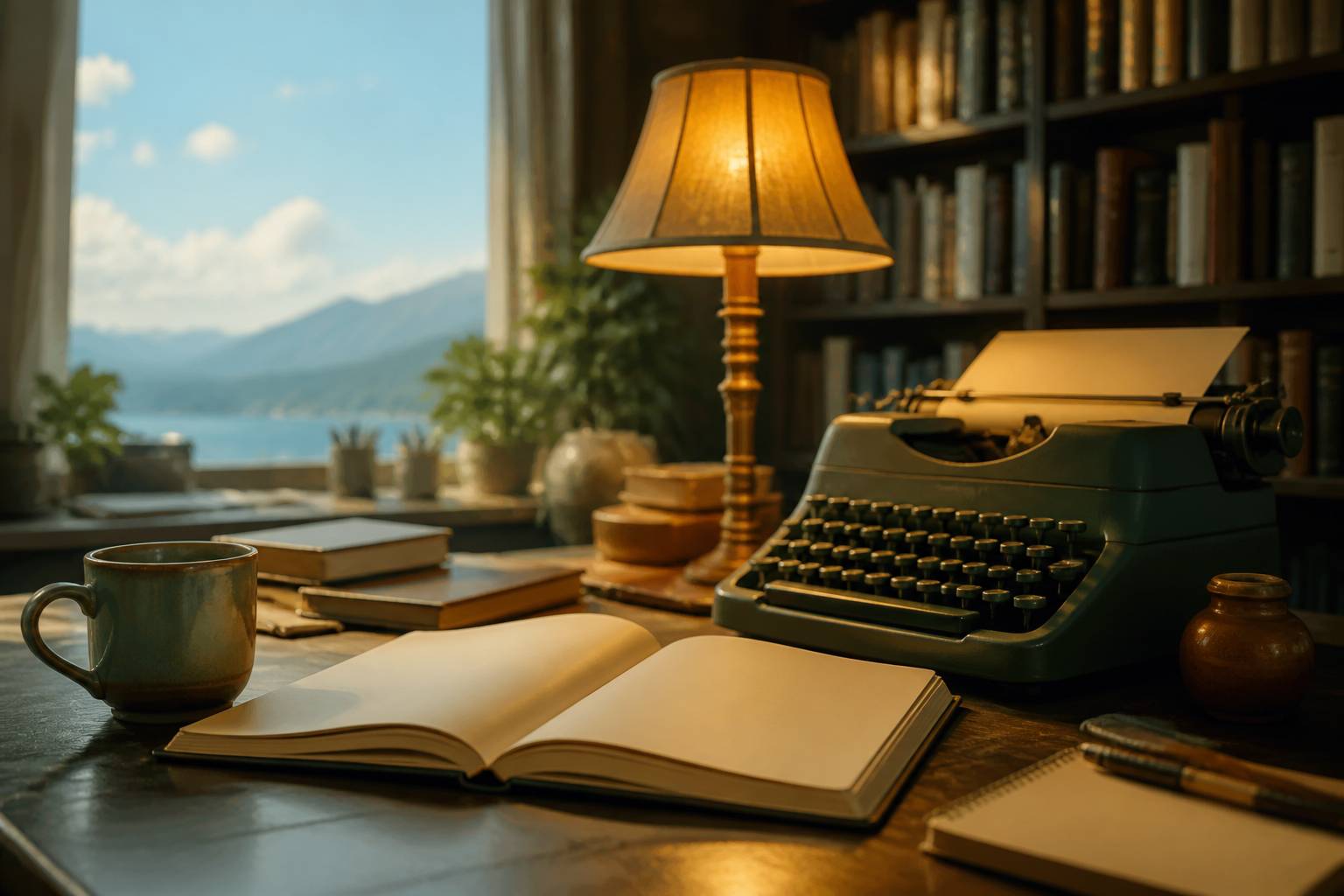 Bureau d'écrivain avec manuscrit et machine à écrire