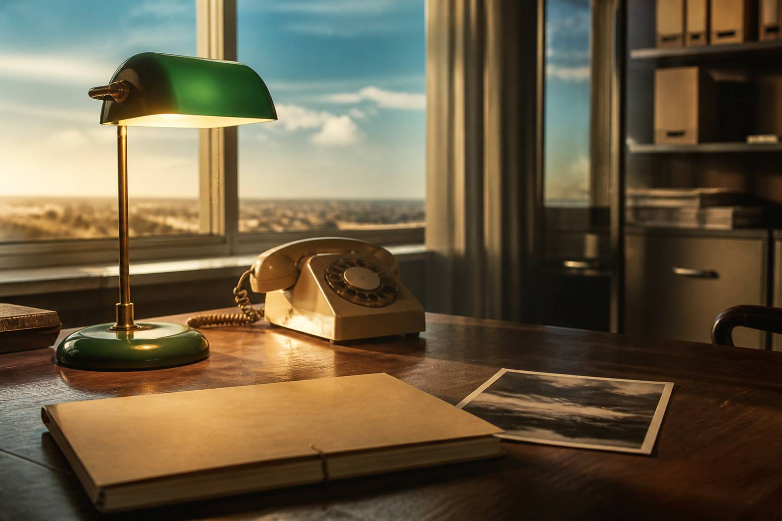 Bureau rétro avec lampe verte, dossier cartonné et téléphone à cadran
