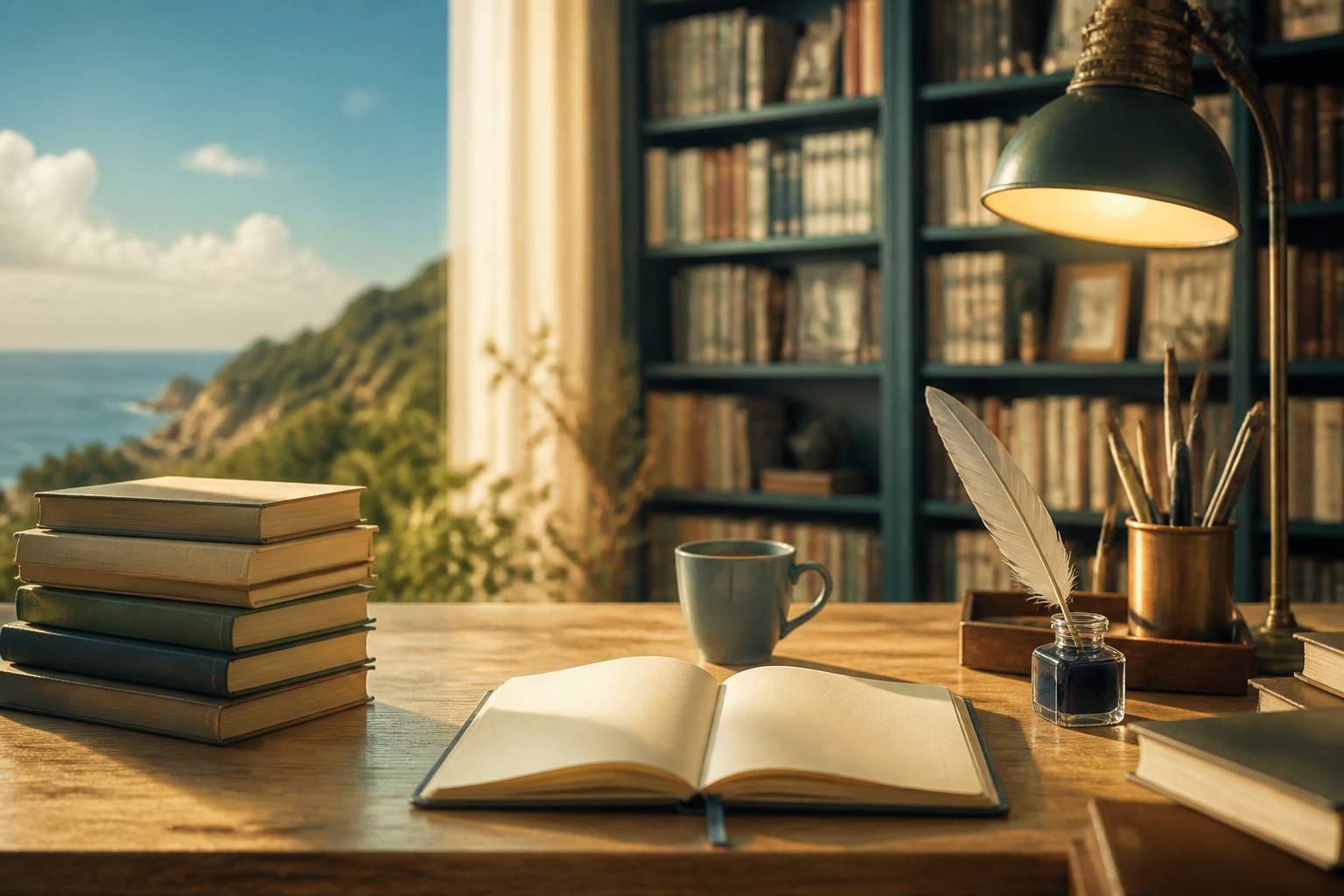 Bureau de journaliste littéraire avec livres, carnet et plume