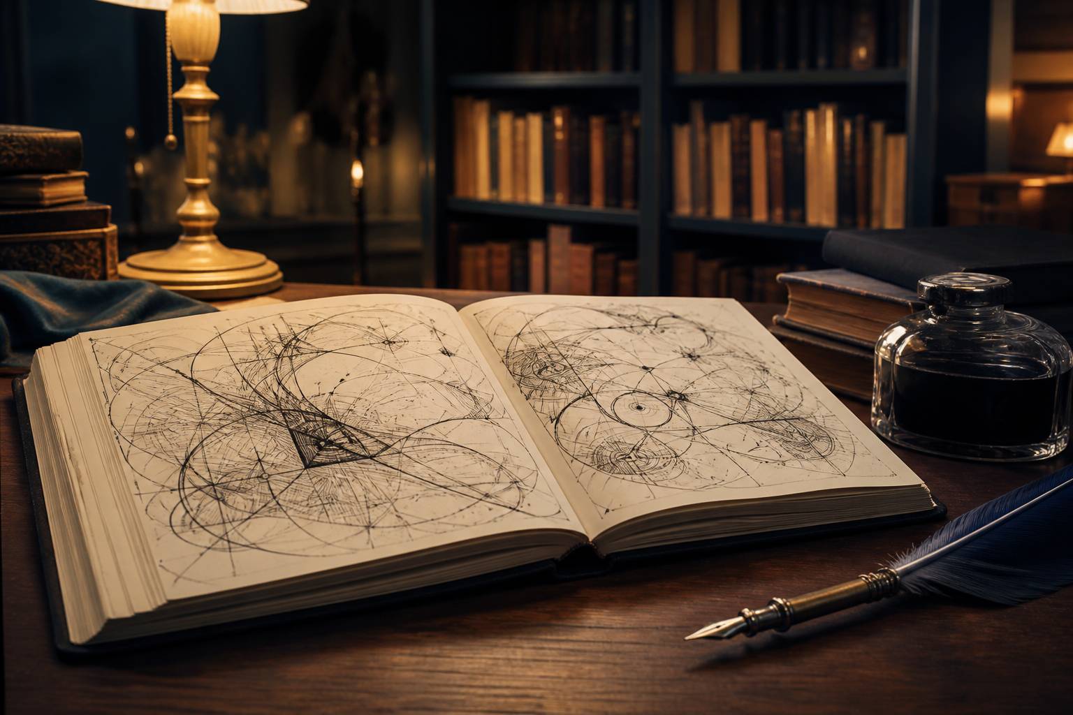 Carnet de croquis ouvert avec dessins à l'encre noire et plume