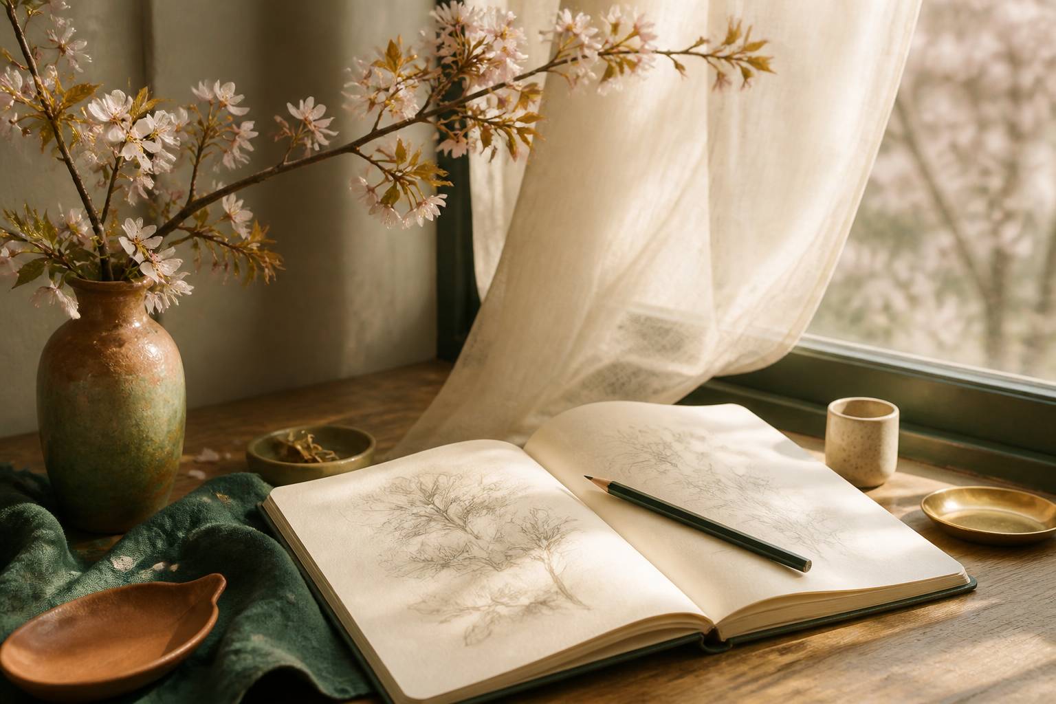 Carnet d'esquisses au crayon posé près d'une fenêtre avec une branche de cerisier en fleurs