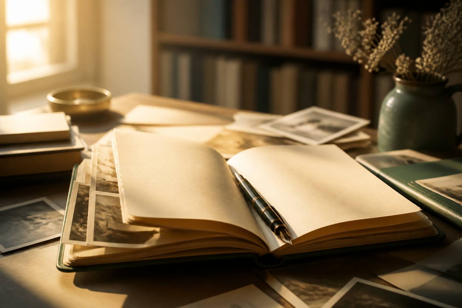 Carnet de notes jauni avec un stylo plume et des photographies anciennes