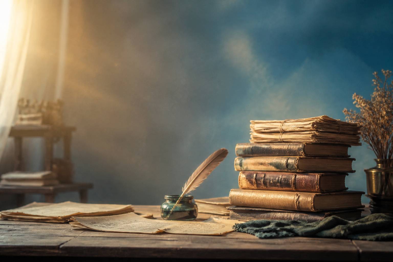 Pile de livres anciens et journaux litteraires avec plume et encrier sur une table en bois