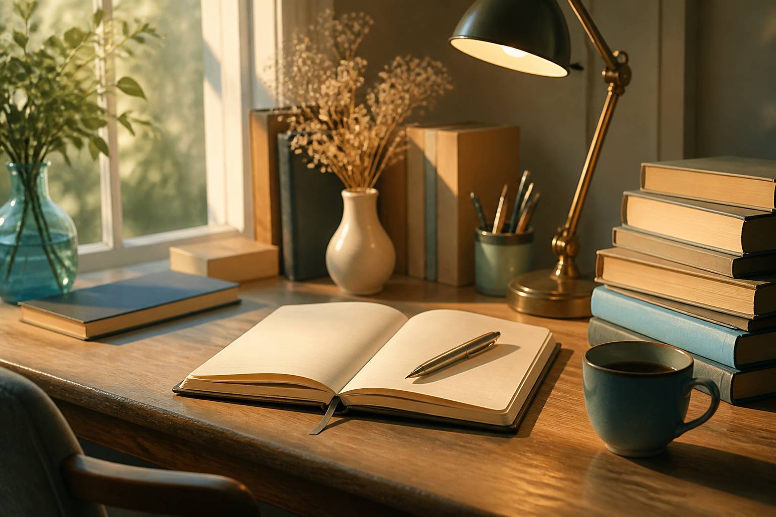 Bureau d'écrivain avec carnet ouvert, stylo et livres sous une lumière dorée