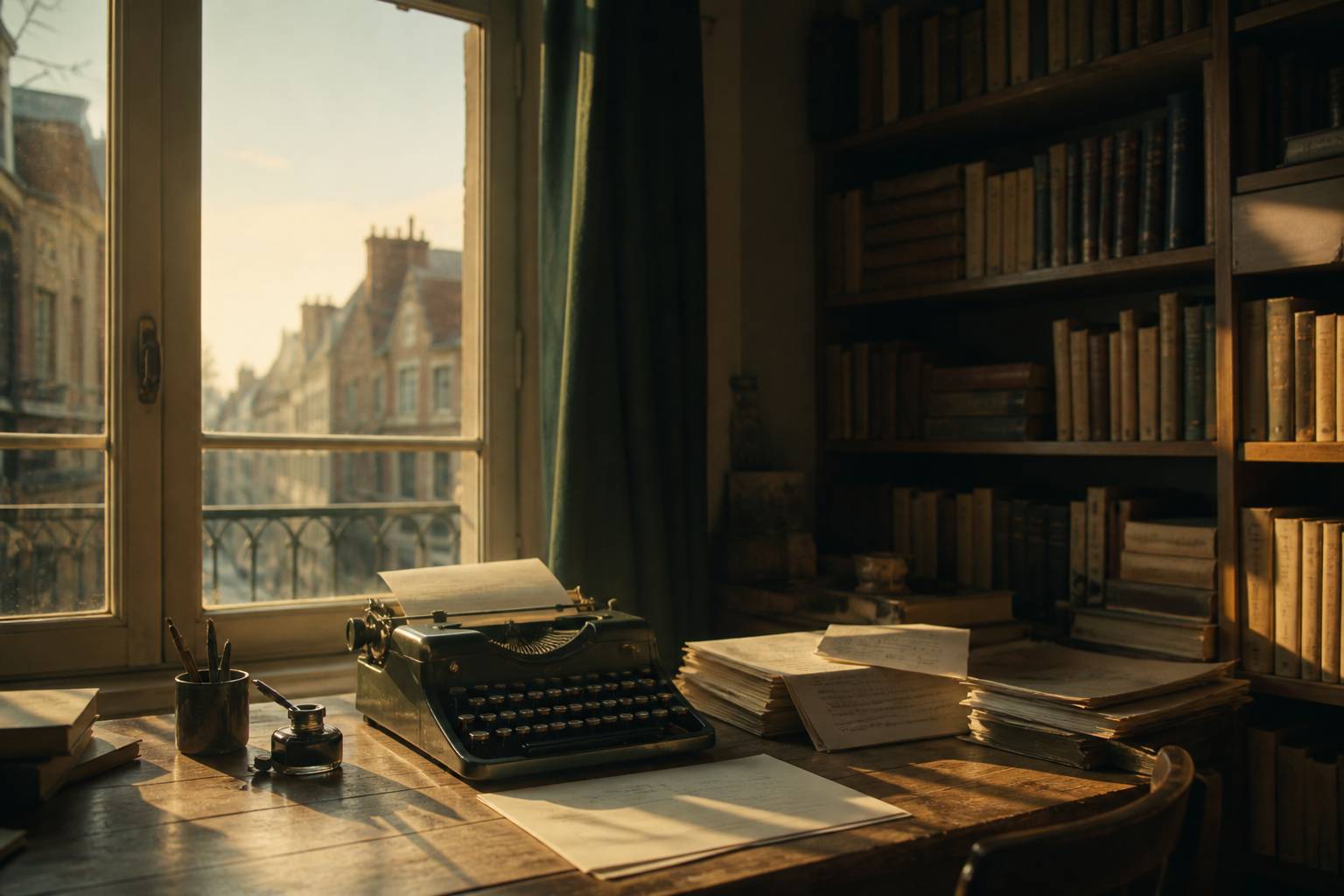 Bureau d'écrivaine avec machine à écrire ancienne et manuscrits