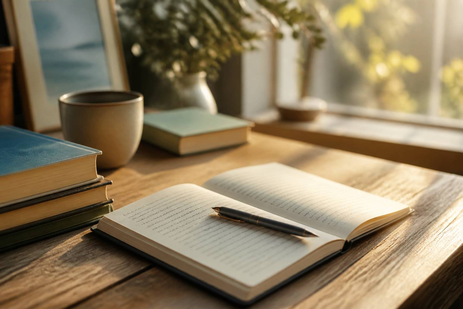 Carnet de notes ouvert avec stylo près de livres et d'une tasse sur une table en bois